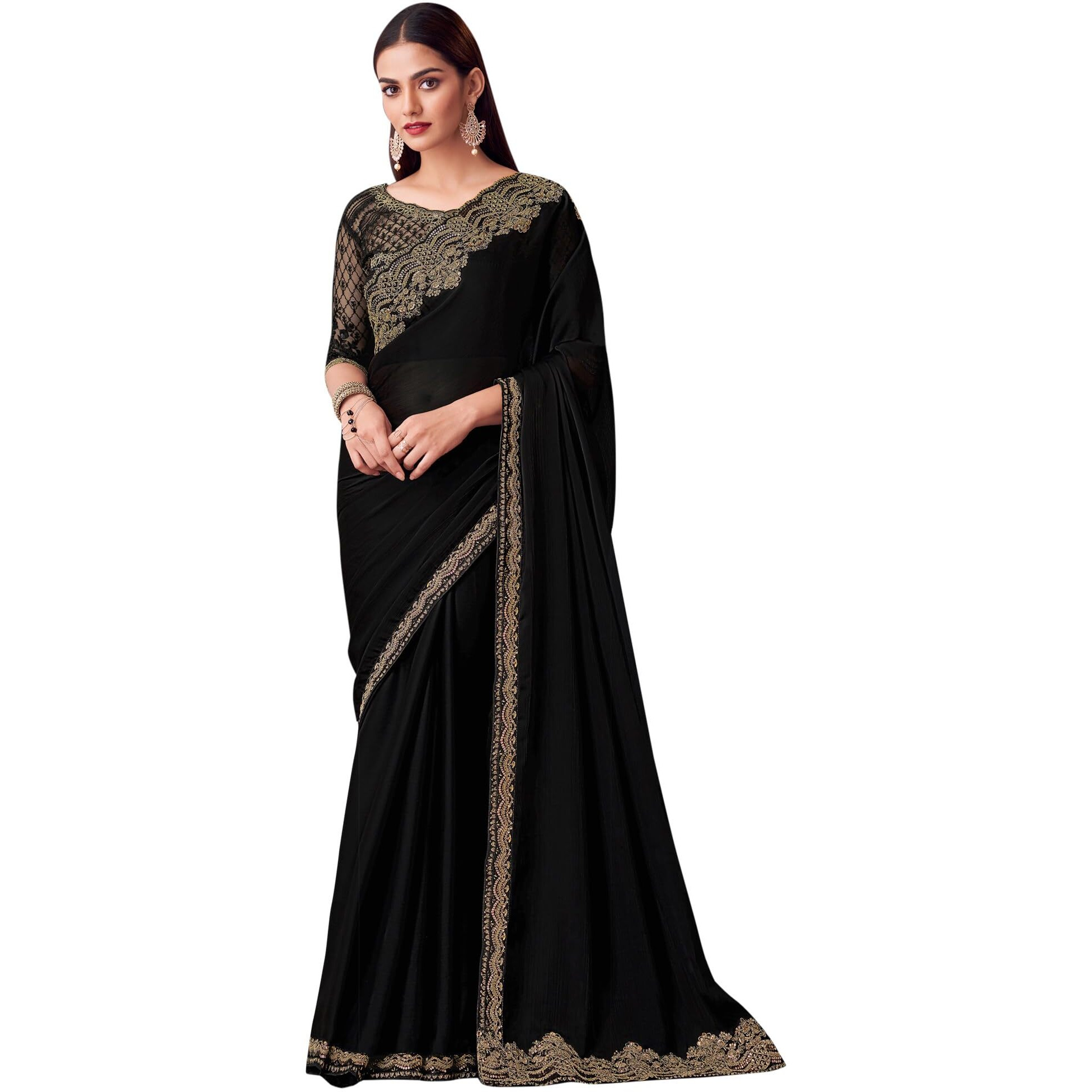 Akhilam Women's Black Satin Silk Embroidered Saree With Unstitched Blouse (Silver30015_Tfh)