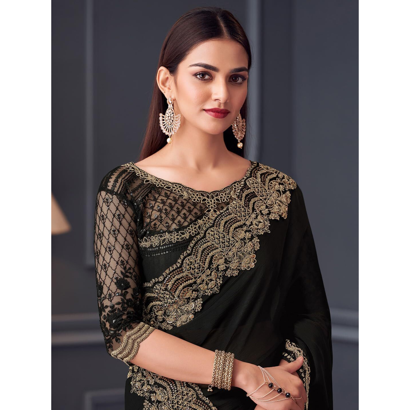 Akhilam Women's Black Satin Silk Embroidered Saree With Unstitched Blouse (Silver30015_Tfh)