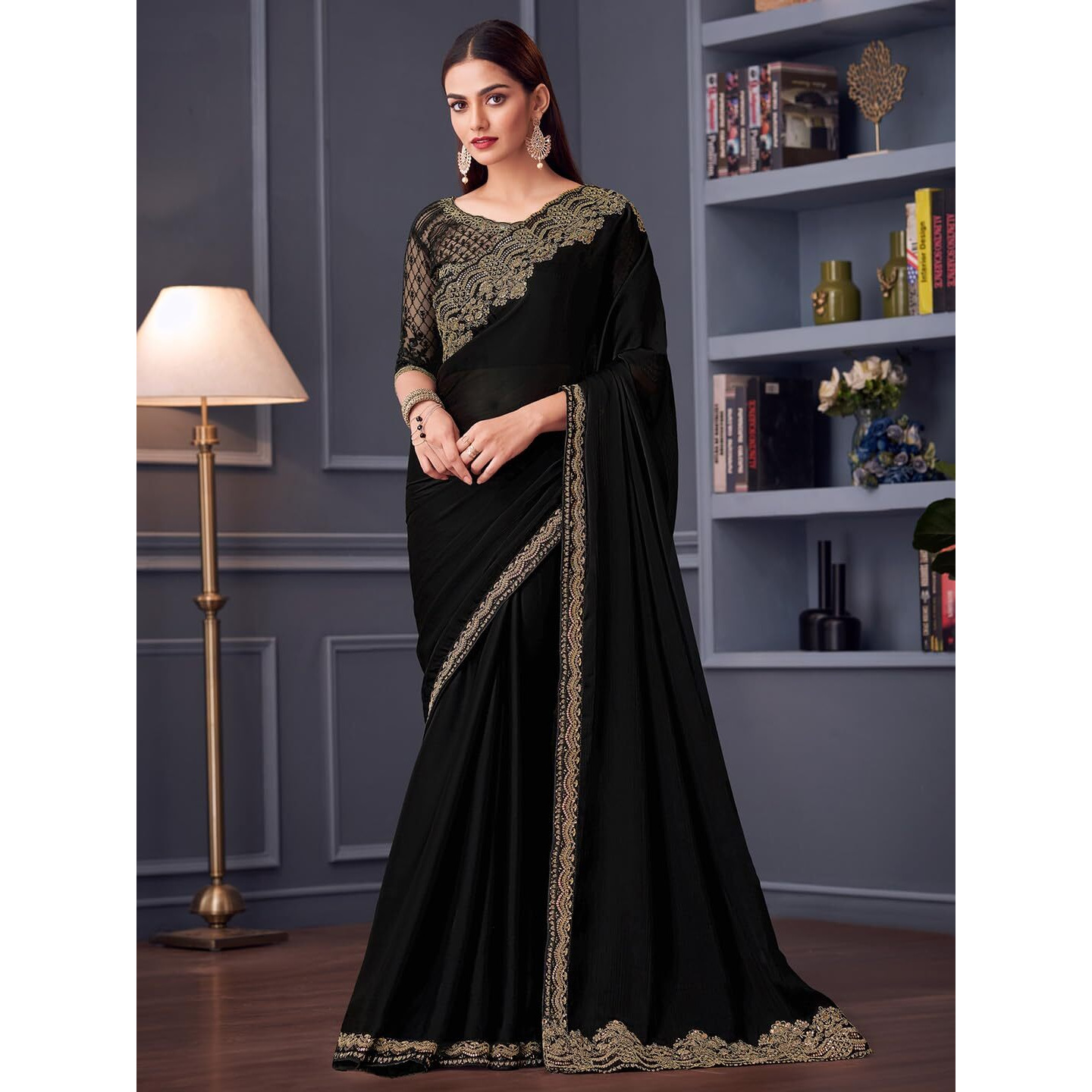 Akhilam Women's Black Satin Silk Embroidered Saree With Unstitched Blouse (Silver30015_Tfh)