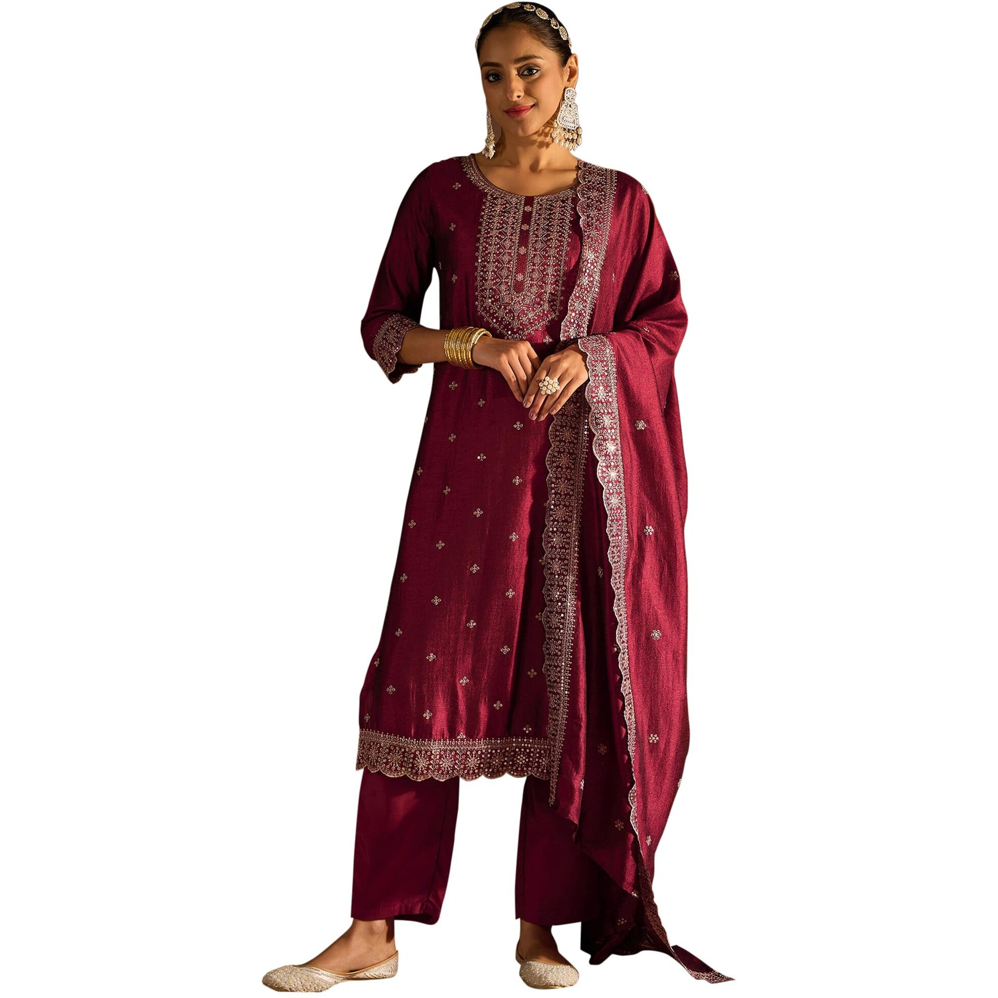 Indo Era Women's Embroidered Silk Blend Calf Length Straight Kurta & Pant With Dupatta Set (Kh9Mr6194_X-Large)