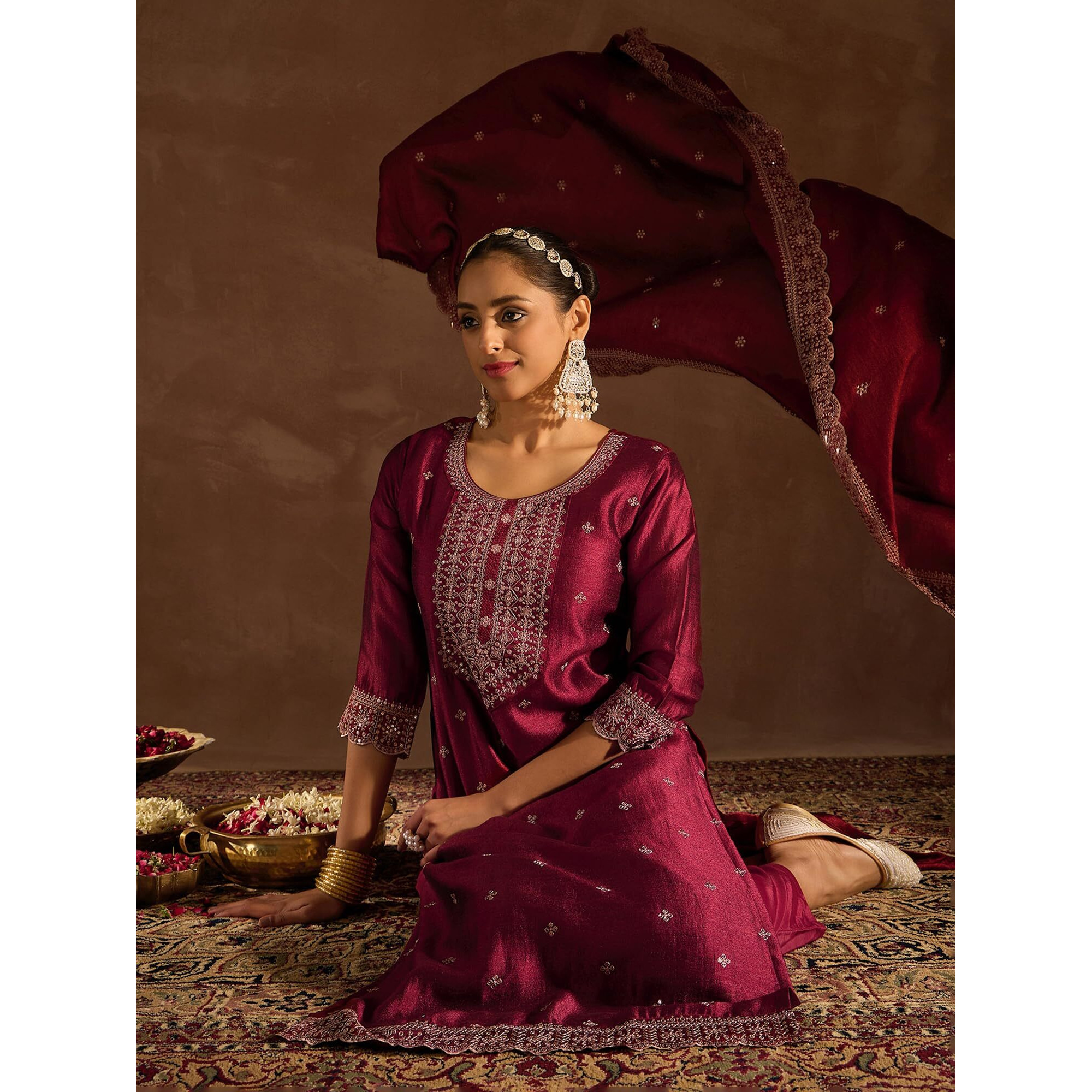 Indo Era Women's Embroidered Silk Blend Calf Length Straight Kurta & Pant With Dupatta Set (Kh9Mr6194_X-Large)