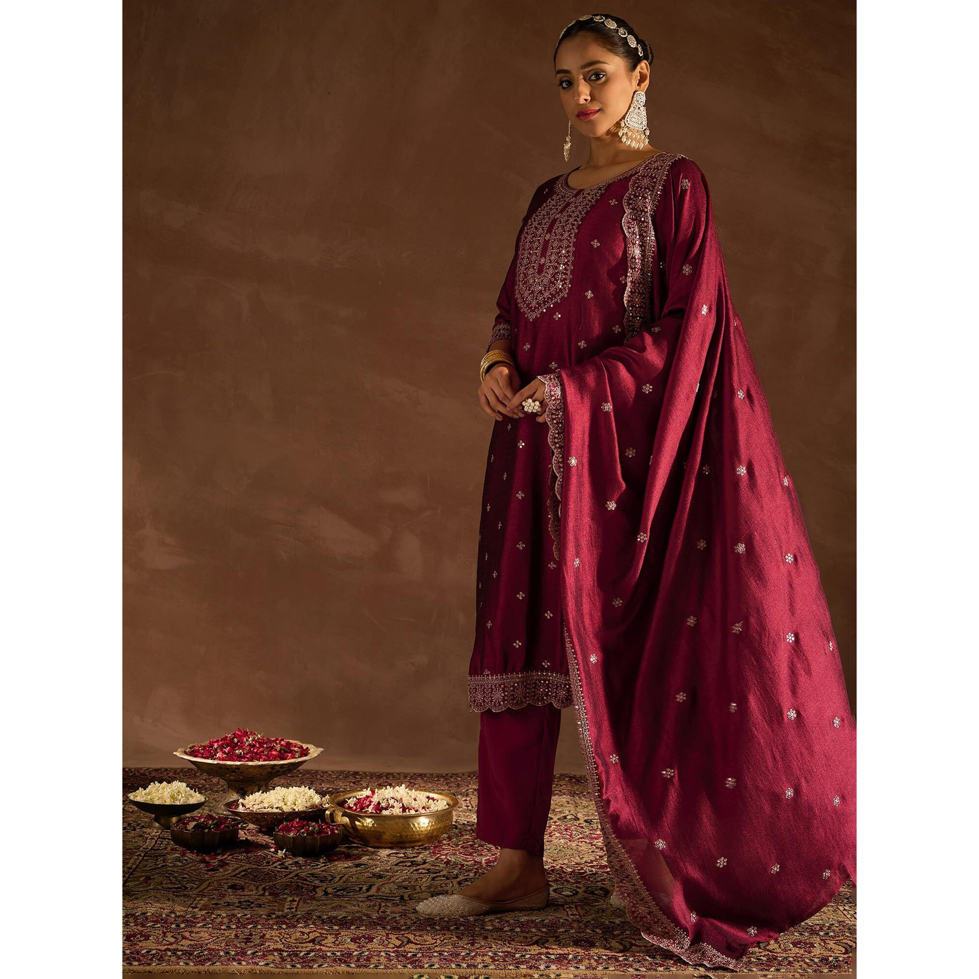 Indo Era Women's Embroidered Silk Blend Calf Length Straight Kurta & Pant With Dupatta Set (Kh9Mr6194_X-Large)