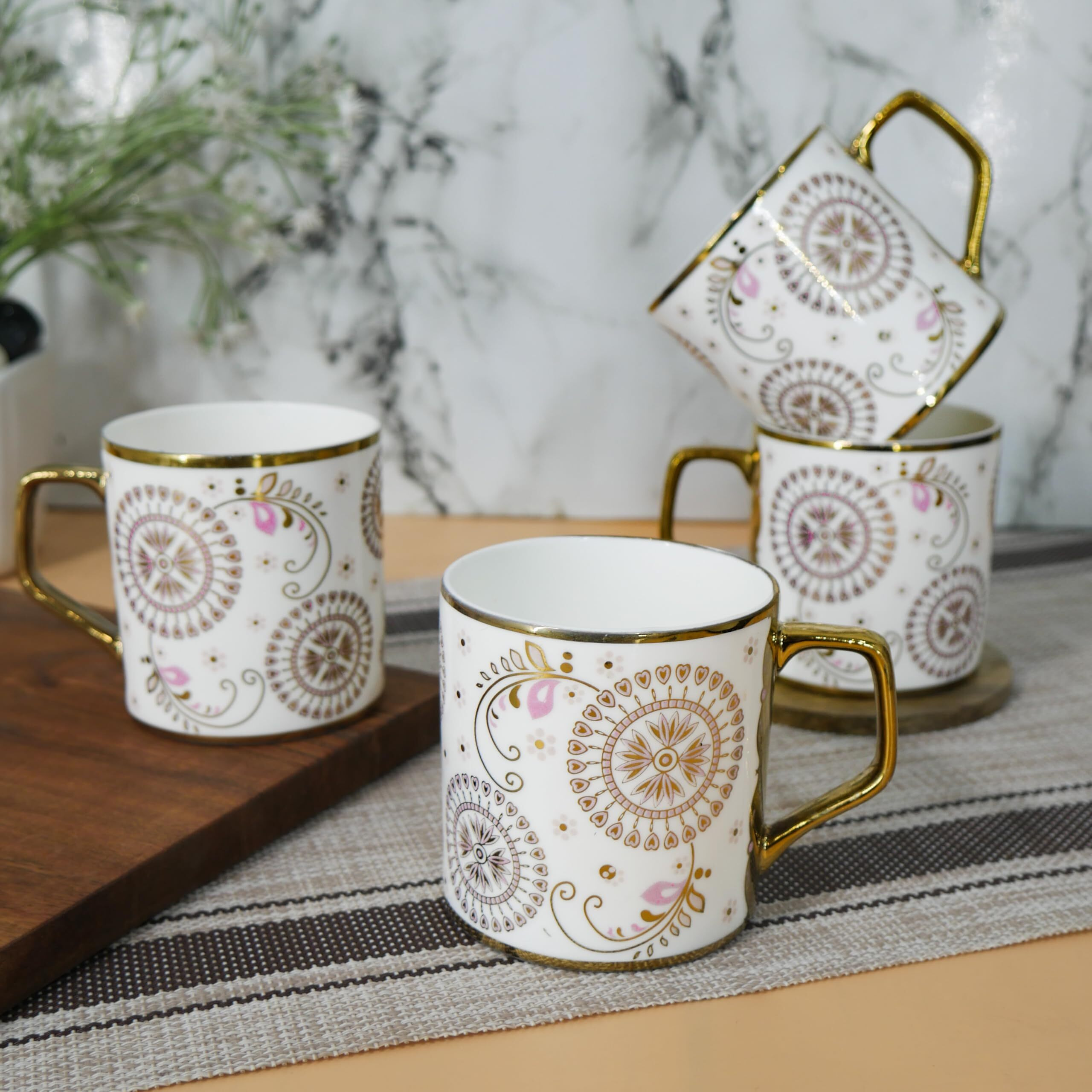 Femora Premium Golden Rangoli Design Ceramic Coffee & Tea Cup Set Of 4, 180 Ml