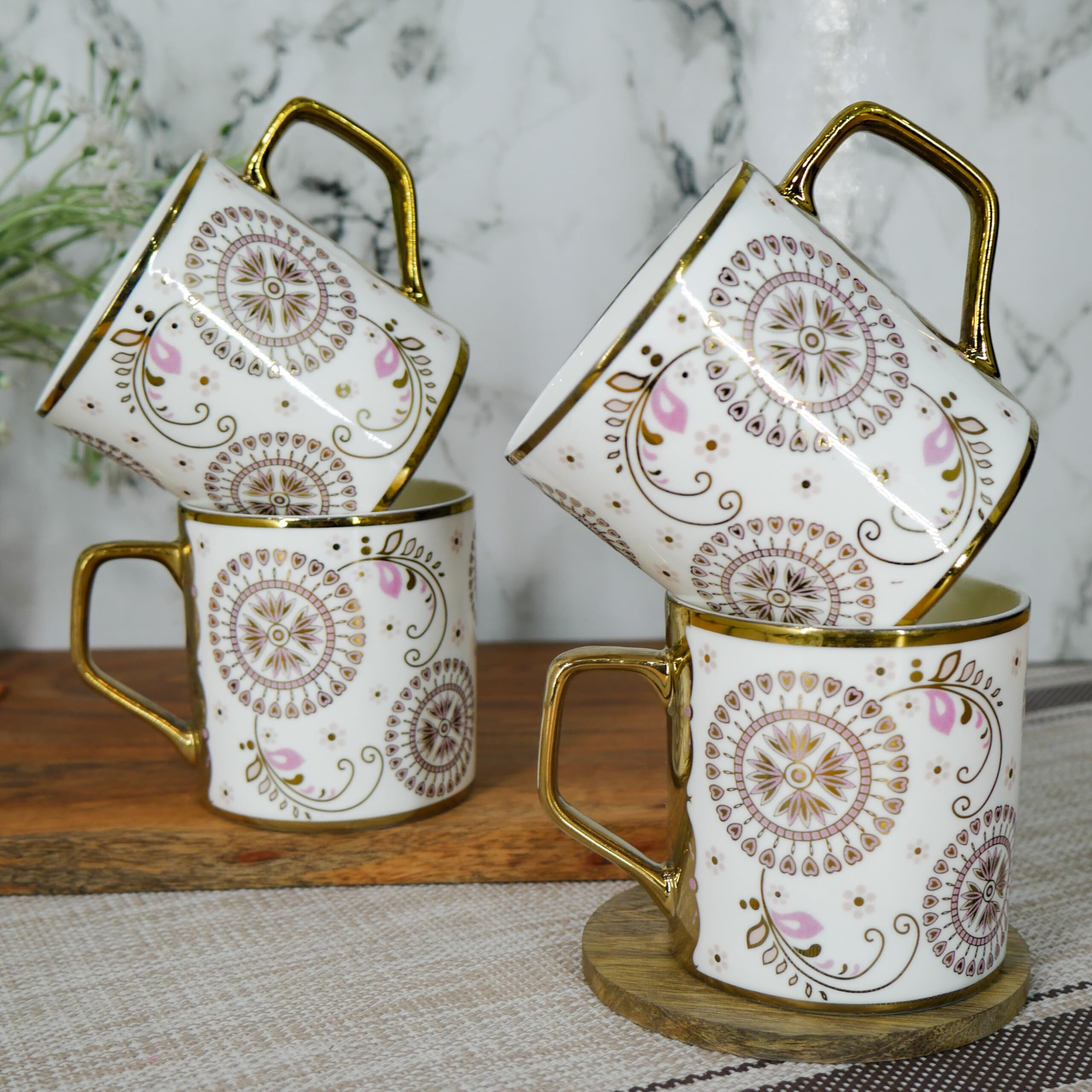 Femora Premium Golden Rangoli Design Ceramic Coffee & Tea Cup Set Of 4, 180 Ml