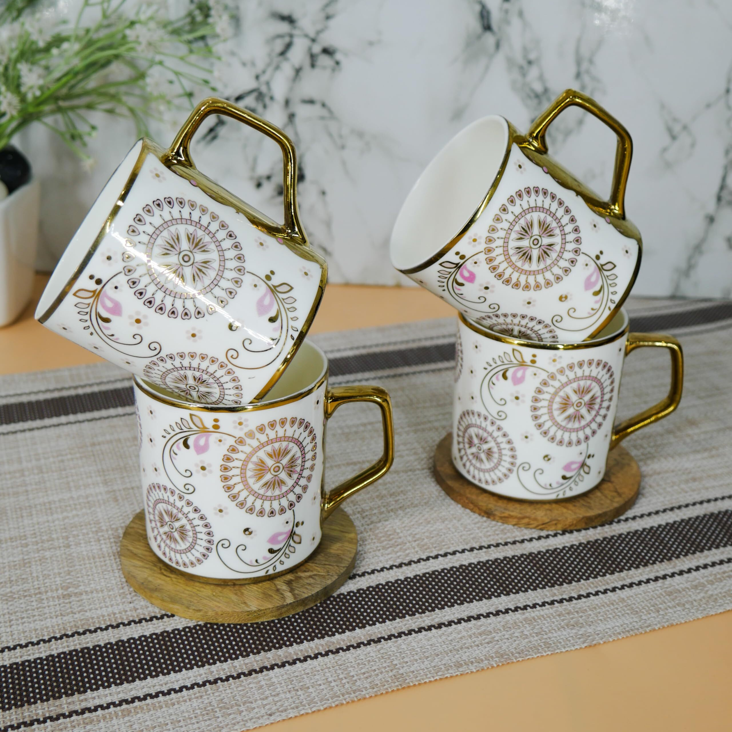 Femora Premium Golden Rangoli Design Ceramic Coffee & Tea Cup Set Of 4, 180 Ml