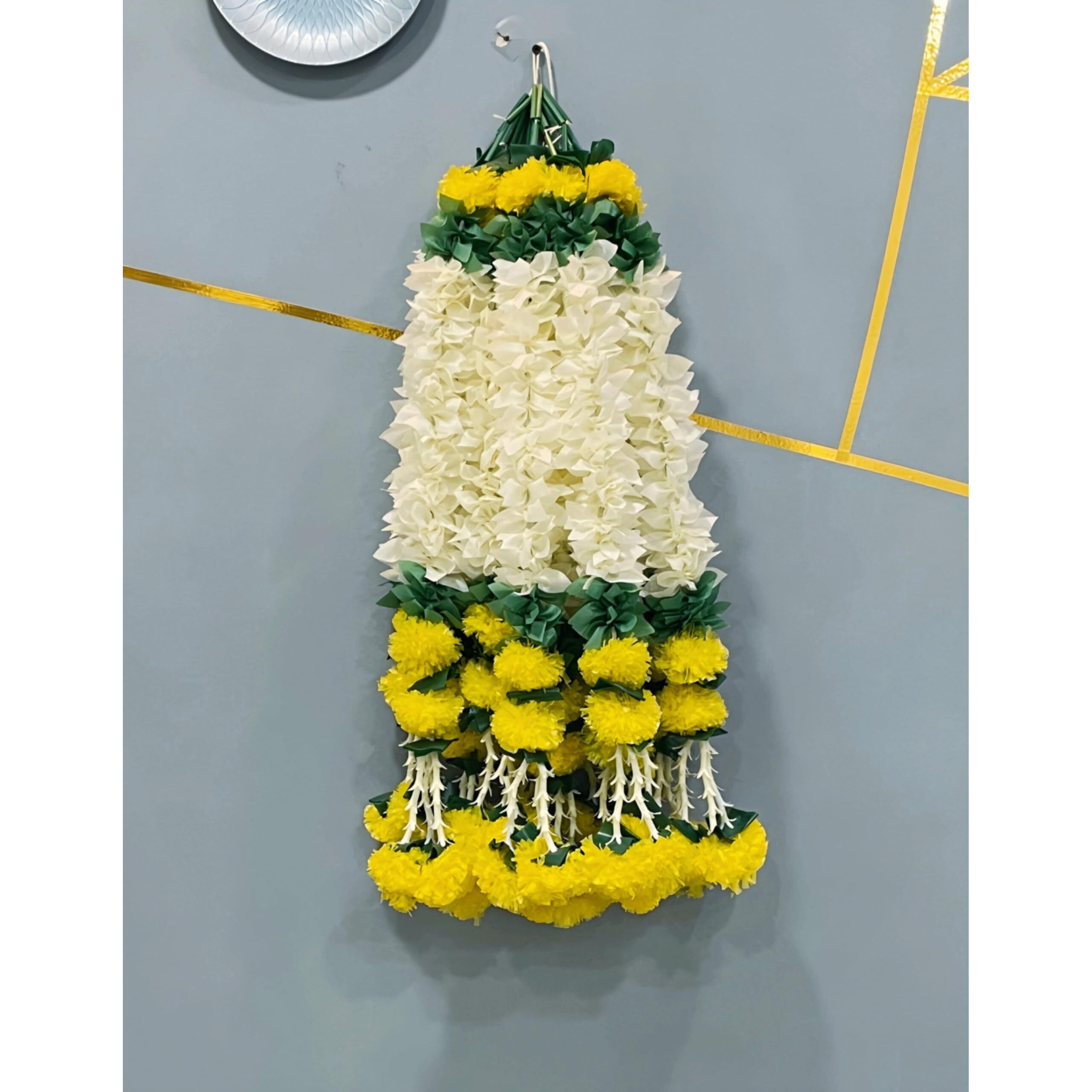 Abhaas Handmade Artificial Jasmine Gajra Toran Marigold Garland Rajnigandha Tassels With Bells Traditional Decor For Diwali/Wedding/Festivals (27 Inch Gajra + Rajnigandha) (Set Of 10)