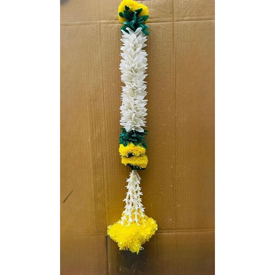 Abhaas Handmade Artificial Jasmine Gajra Toran Marigold Garland Rajnigandha Tassels With Bells Traditional Decor For Diwali/Wedding/Festivals (27 Inch Gajra + Rajnigandha) (Set Of 10)