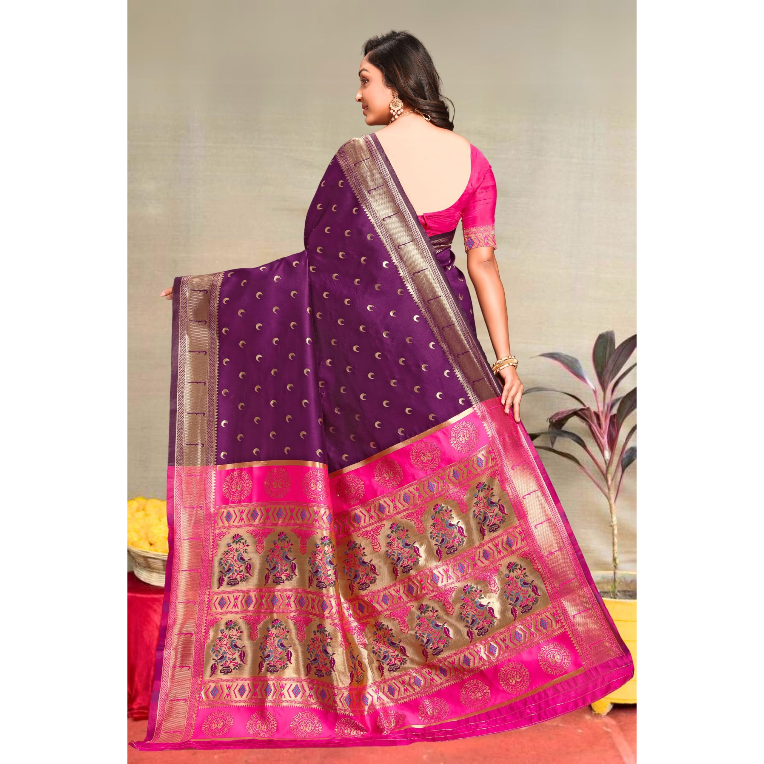 C J Enterprise Women's Banarasi Saree Pure Kanjivaram Silk Saree Soft Design Wear Pattu Sarees Latest Cotton With Blouse Piece For Wedding Sadi New Ladies 2025 (Chand Paithani) (Purple-Pink)