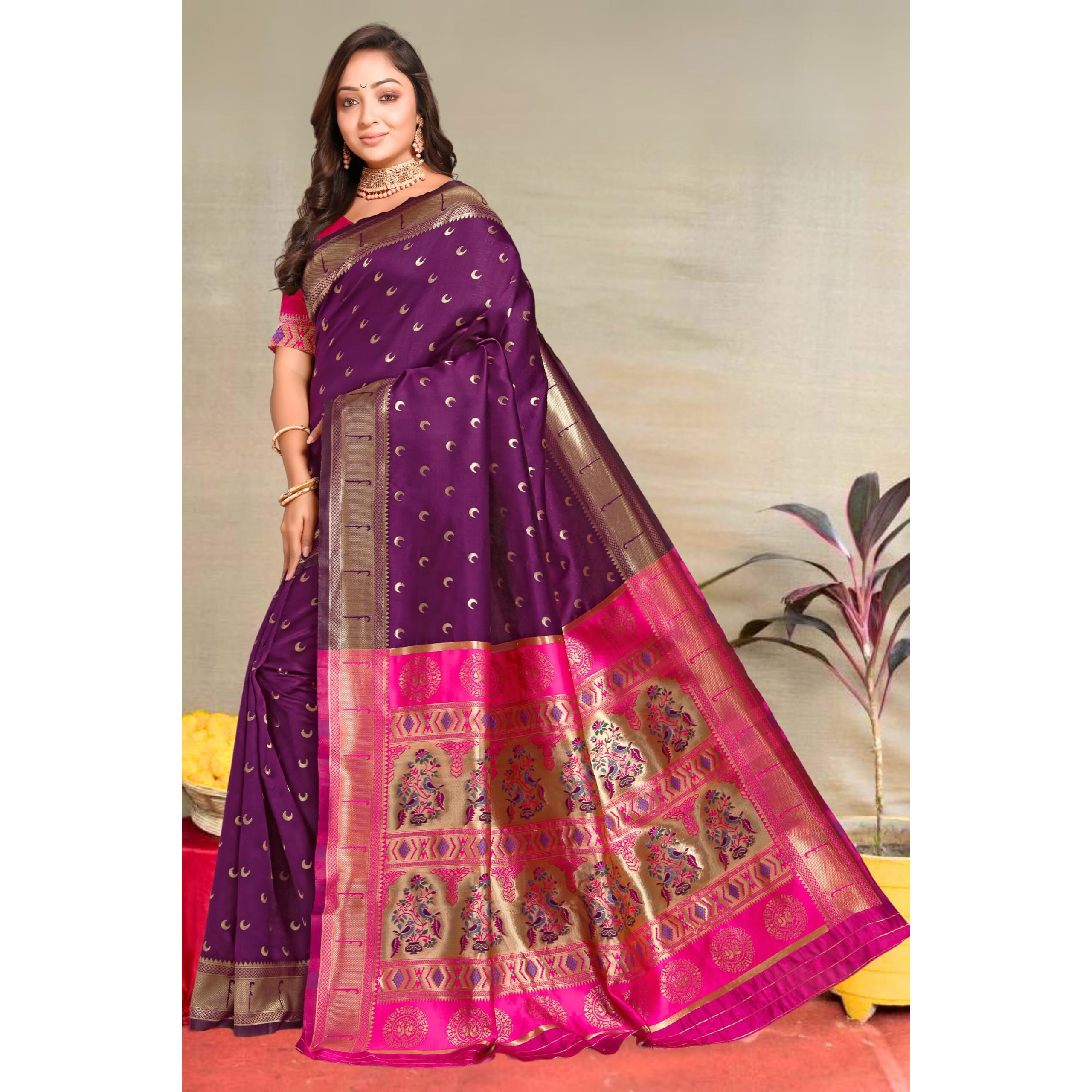 C J Enterprise Women's Banarasi Saree Pure Kanjivaram Silk Saree Soft Design Wear Pattu Sarees Latest Cotton With Blouse Piece For Wedding Sadi New Ladies 2025 (Chand Paithani) (Purple-Pink)