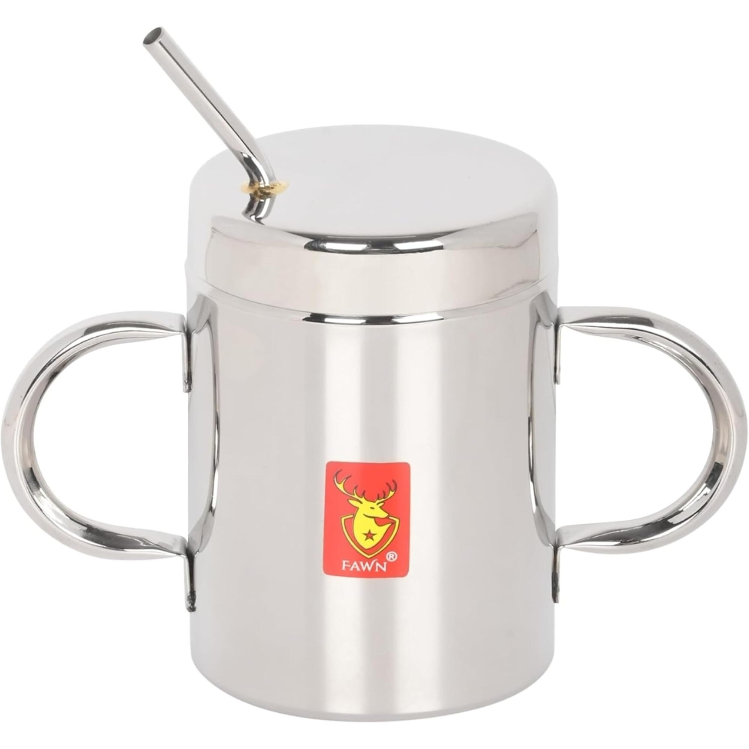 Hope Kart Stainless Steel Straw Glass With Lid Mug For Kids Baby Sipper Coffee Milk Tumbler With Straw, Silver, Pack Of 1 (Straw Glass With Lid And Handle)