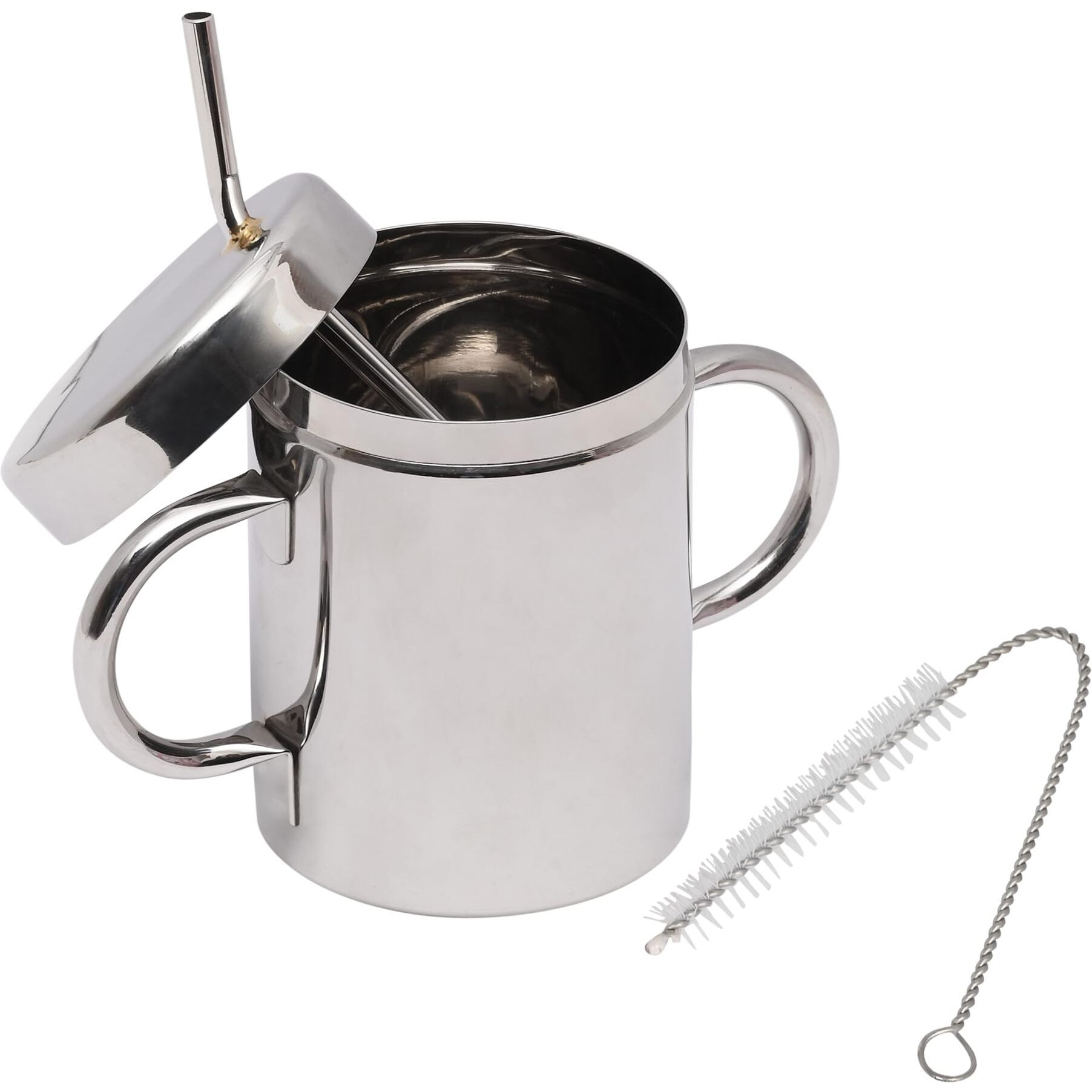 Hope Kart Stainless Steel Straw Glass With Lid Mug For Kids Baby Sipper Coffee Milk Tumbler With Straw, Silver, Pack Of 1 (Straw Glass With Lid And Handle)