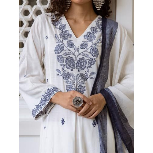Indo Era Women's White Pure Cotton Embroidered A-Line Kurta & Pant With Dupatta Suit Set (Ieout6912_X-Small)