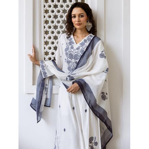Indo Era Women's White Pure Cotton Embroidered A-Line Kurta & Pant With Dupatta Suit Set (Ieout6912_X-Small)