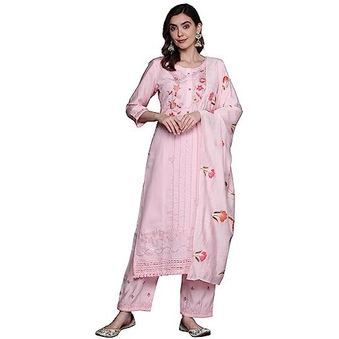 Indo Era Pink Straight Embroidered Silk Blend Kurta Trouser With Dupatta Set For Women (Kh9Pk7106_Small)