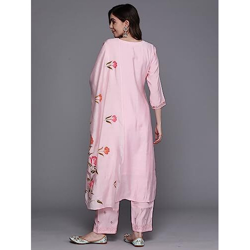 Indo Era Pink Straight Embroidered Silk Blend Kurta Trouser With Dupatta Set For Women (Kh9Pk7106_Small)