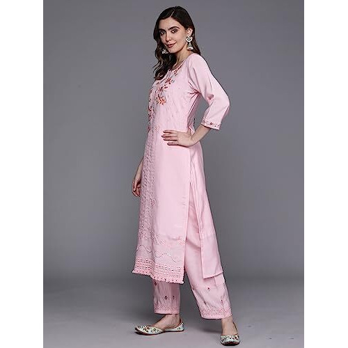 Indo Era Pink Straight Embroidered Silk Blend Kurta Trouser With Dupatta Set For Women (Kh9Pk7106_Small)