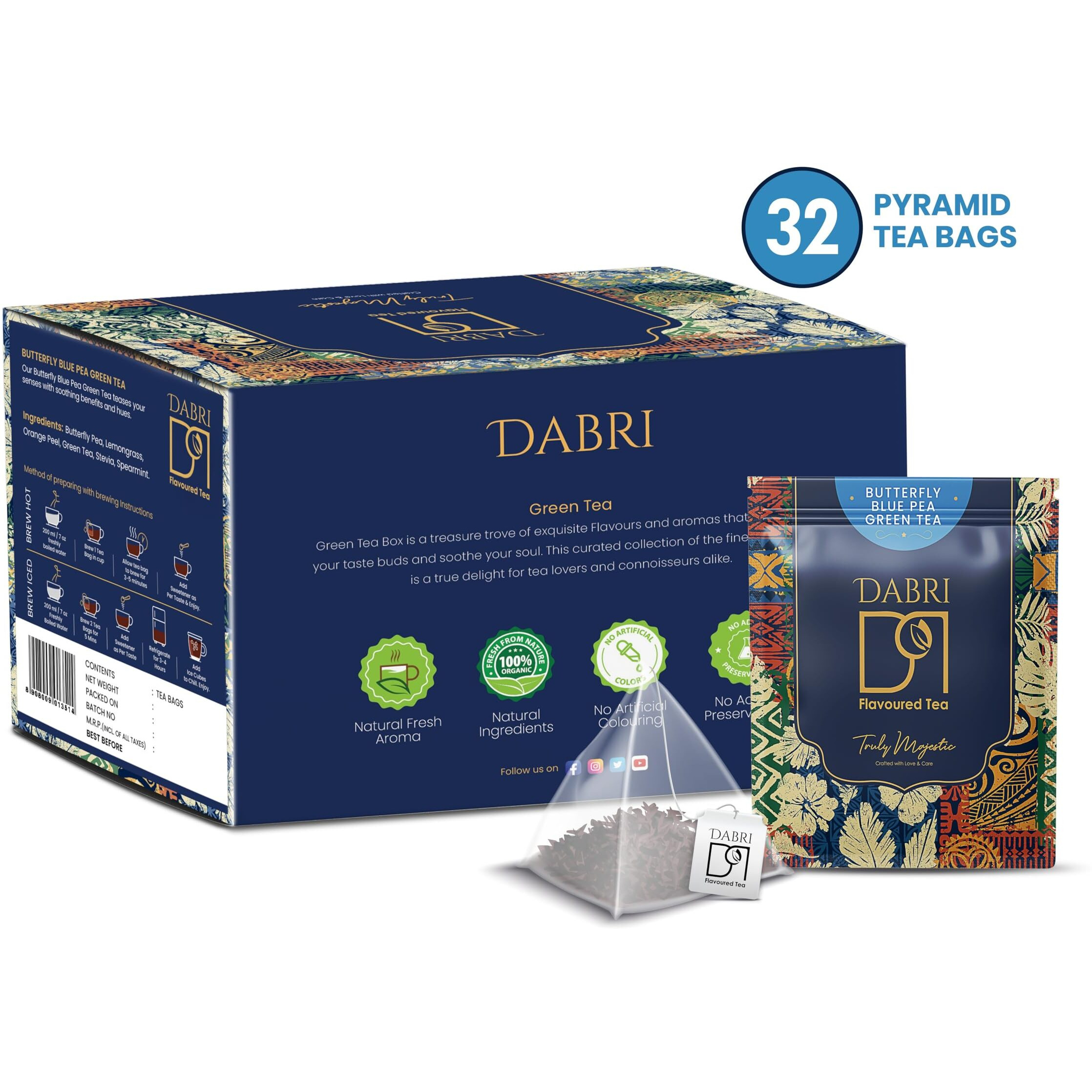 Dabri Blue Flower Butterfly Pea Green Tea (32 Pyramid Bags) | Regulate Blood Sugar Levels,Relieves Stress & Also Beneficial For Hair And Skin|Farm Packed For Freshness High On Anti Oxidants