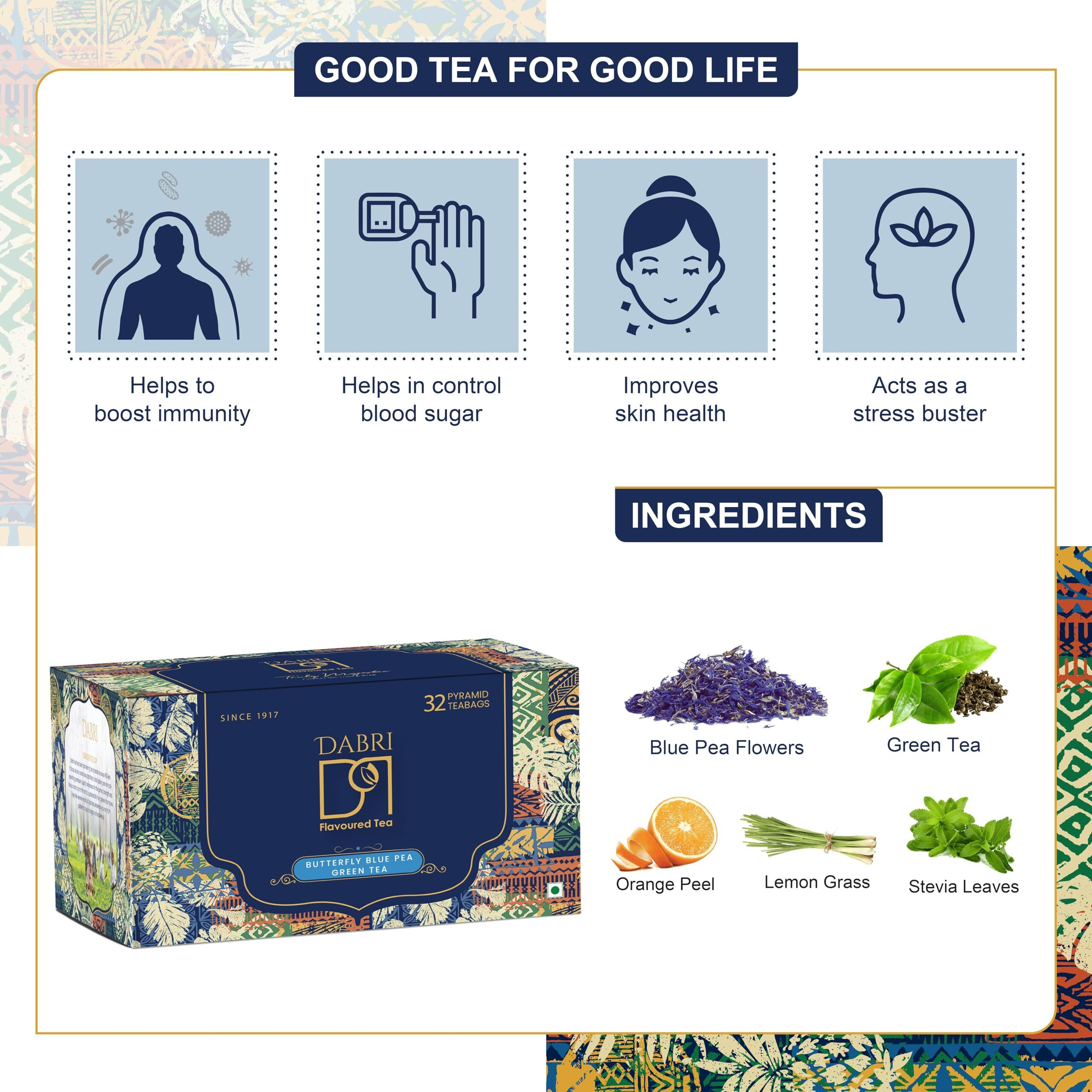 Dabri Blue Flower Butterfly Pea Green Tea (32 Pyramid Bags) | Regulate Blood Sugar Levels,Relieves Stress & Also Beneficial For Hair And Skin|Farm Packed For Freshness High On Anti Oxidants