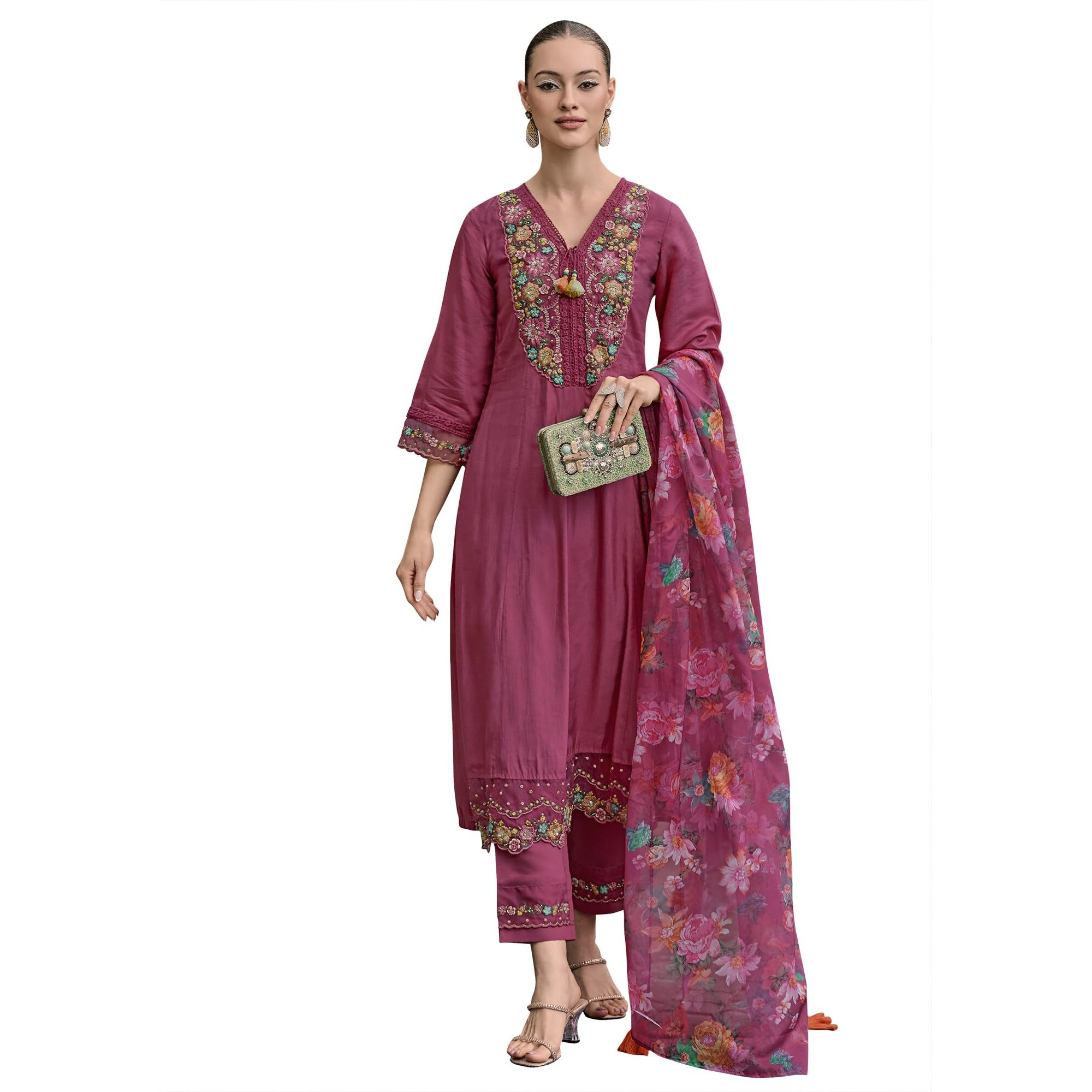 Indo Era Women's Pink Embroidered Silk Blend A-Line Kurta Trouser With Dupatta Set (Ieout7374_Large)