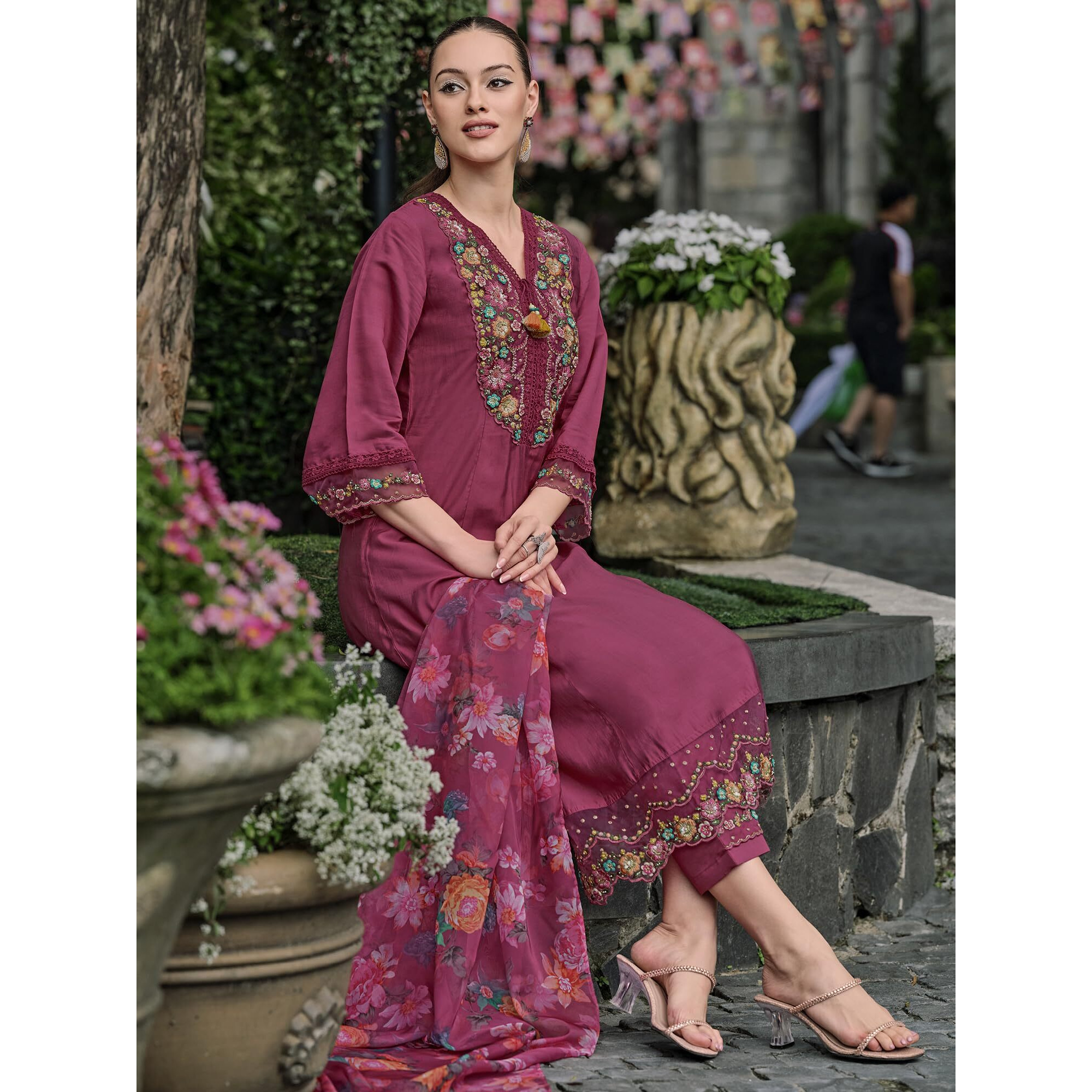 Indo Era Women's Pink Embroidered Silk Blend A-Line Kurta Trouser With Dupatta Set (Ieout7374_Large)
