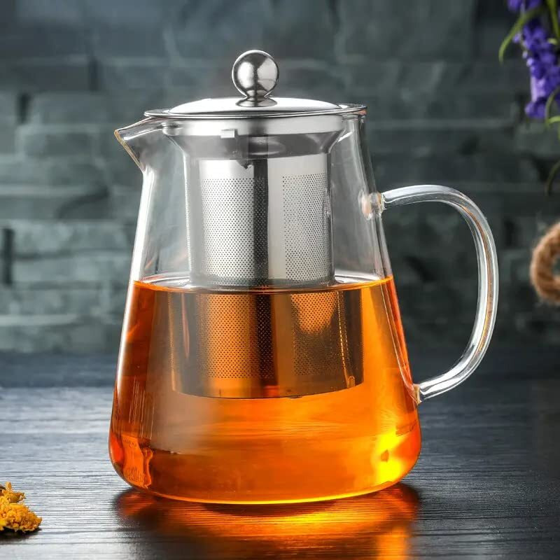 Ankul Borosilicate Round Glass Tea Pot With Heat Resistant Stainless Steel Infuser Perfect For Tea And Coffee Maker, Clear Glass Kettle (Round 750Ml)