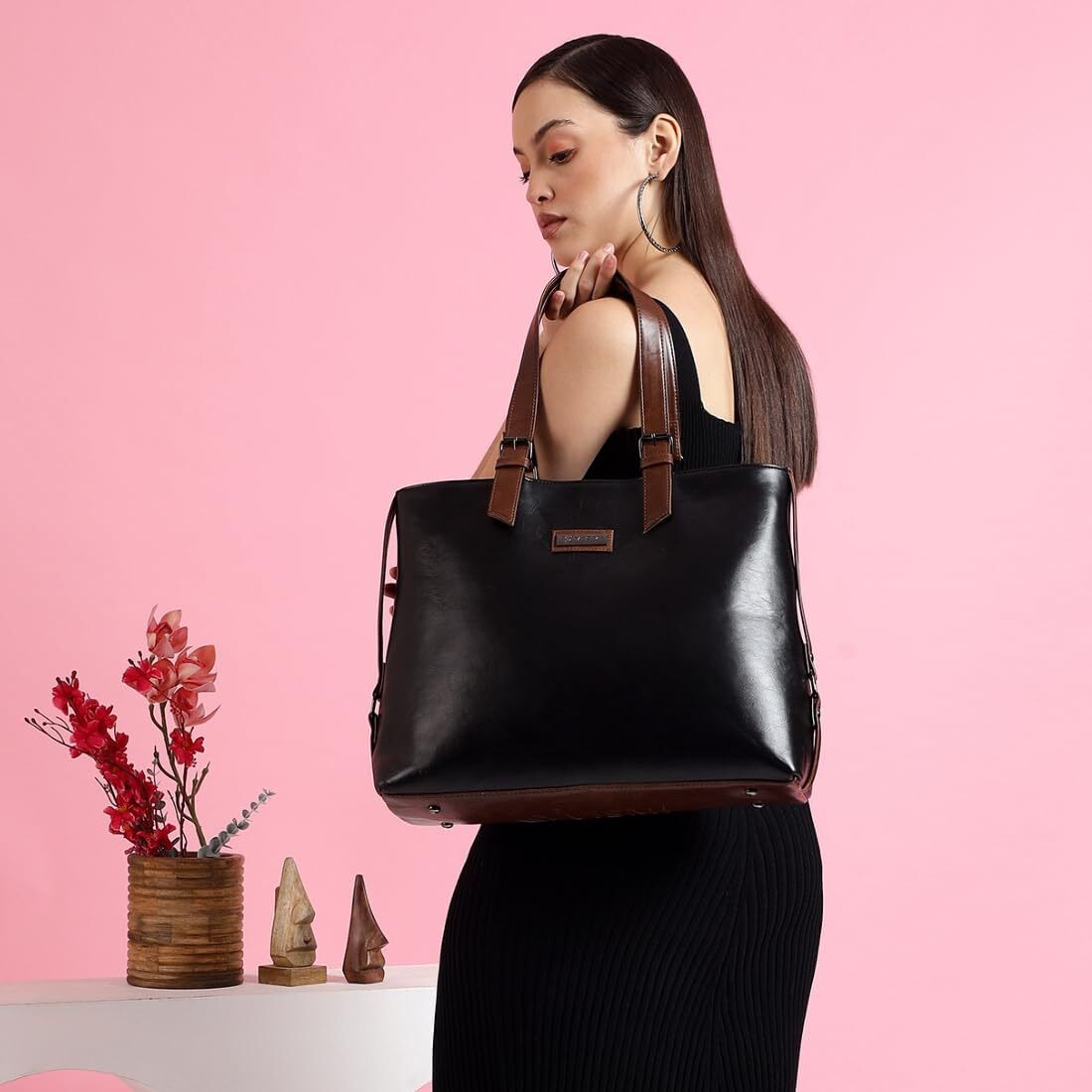 Vismiintrend Vegan Leather Tote Shoulder Bags For Women Office Use, Fits Upto 15.6 Inch Macbook Laptops, Work/Travel/College, Ladies Stylish Totes Purse Handbag, Gifts For Wife/Sisters (Black)