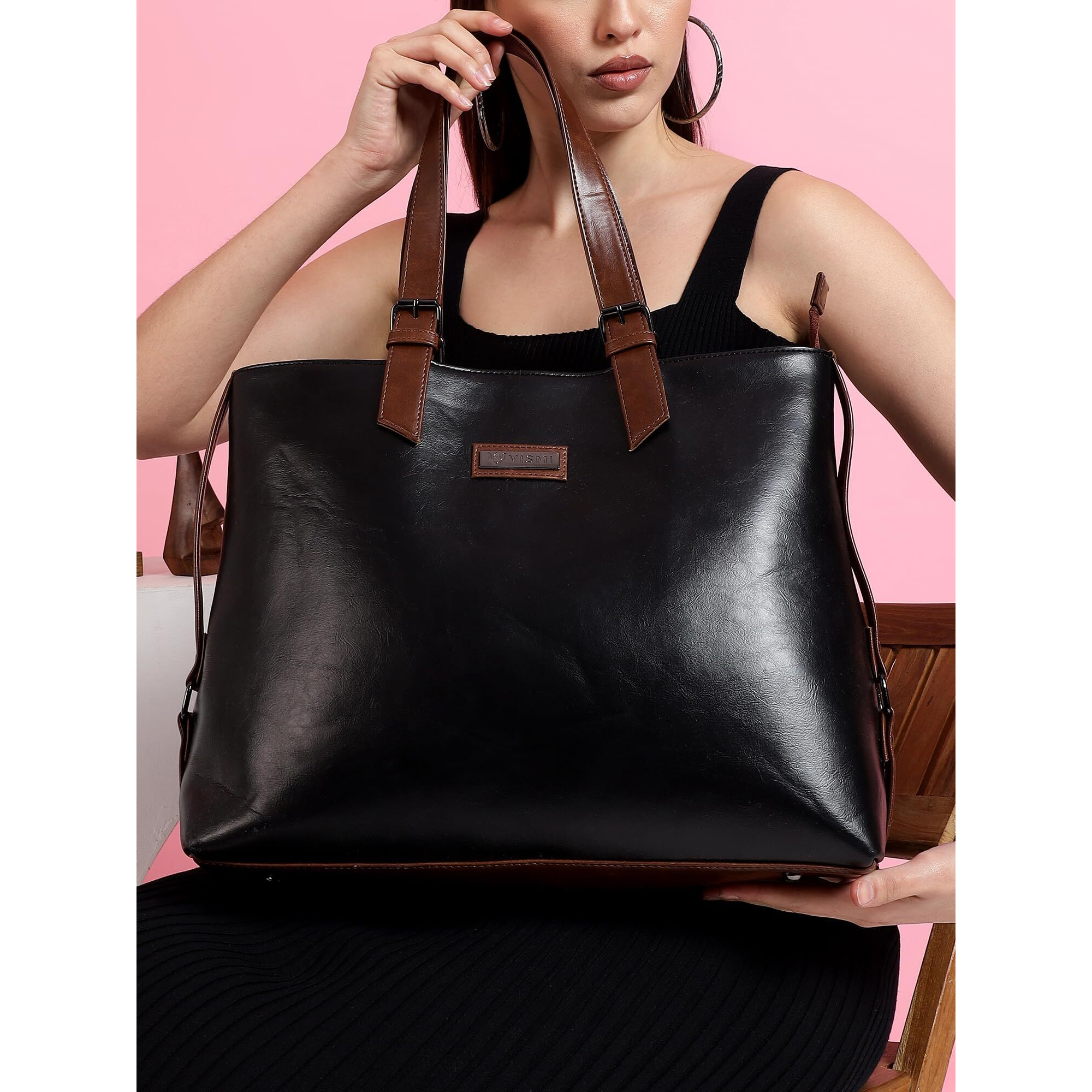Vismiintrend Vegan Leather Tote Shoulder Bags For Women Office Use, Fits Upto 15.6 Inch Macbook Laptops, Work/Travel/College, Ladies Stylish Totes Purse Handbag, Gifts For Wife/Sisters (Black)