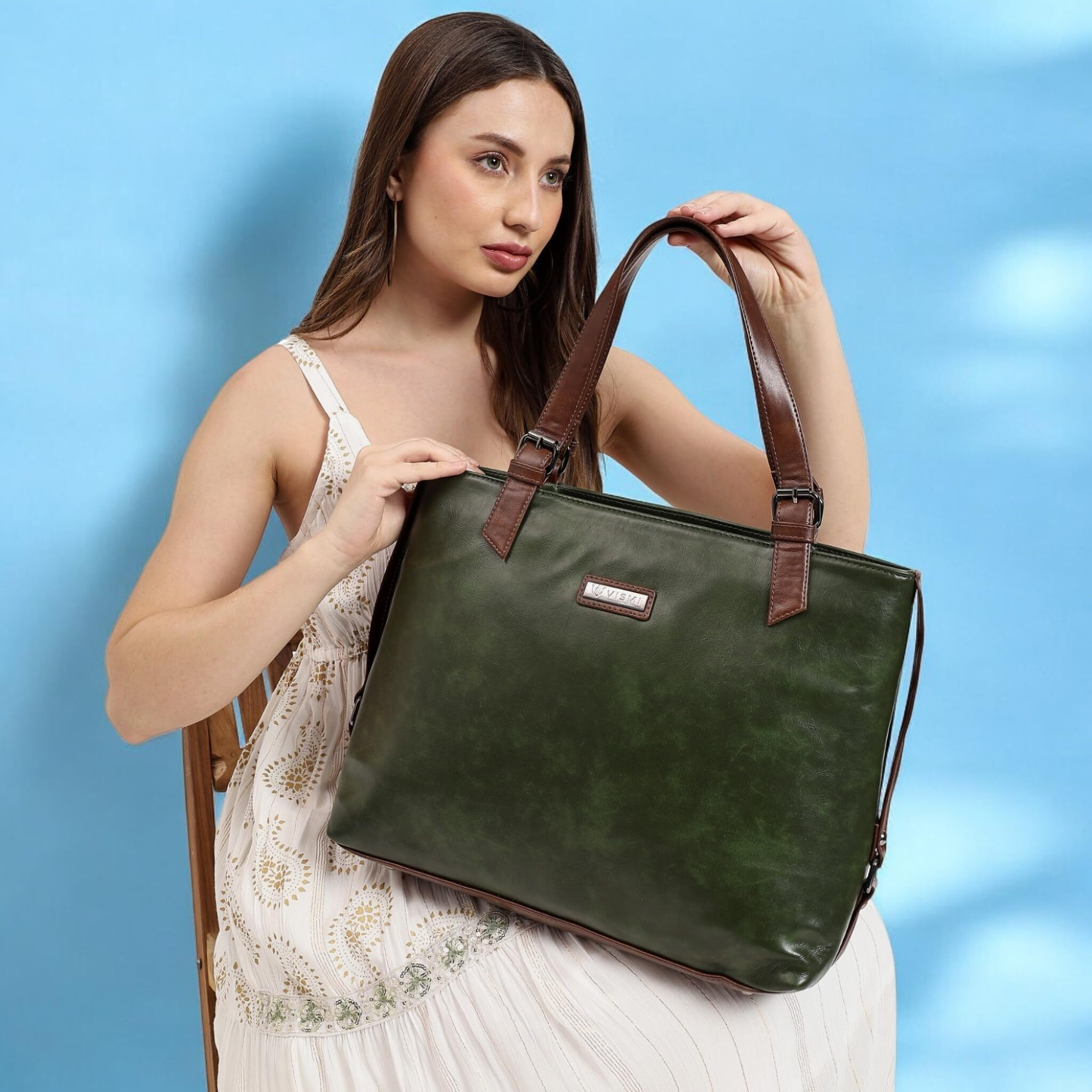 Vismiintrend Vegan Leather Tote Shoulder Bags For Women Office Use, Fits Upto 15.6 Inch Macbook Laptops, Work/Travel/College, Ladies Stylish Totes Purse Handbag, Gifts For Wife/Sisters (Green)
