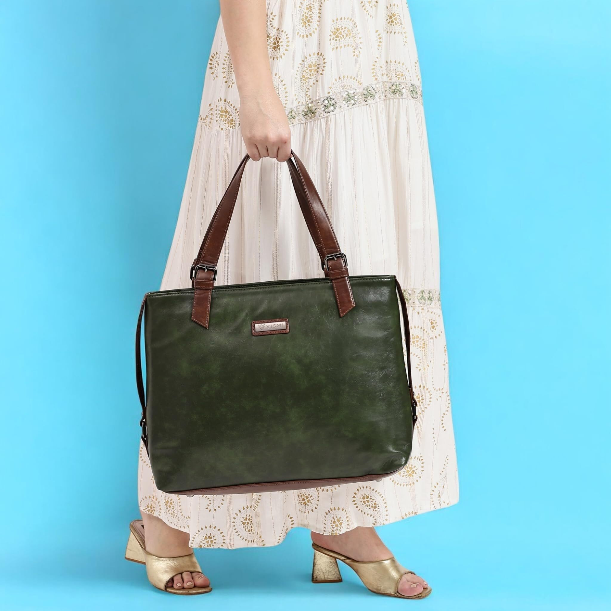 Vismiintrend Vegan Leather Tote Shoulder Bags For Women Office Use, Fits Upto 15.6 Inch Macbook Laptops, Work/Travel/College, Ladies Stylish Totes Purse Handbag, Gifts For Wife/Sisters (Green)