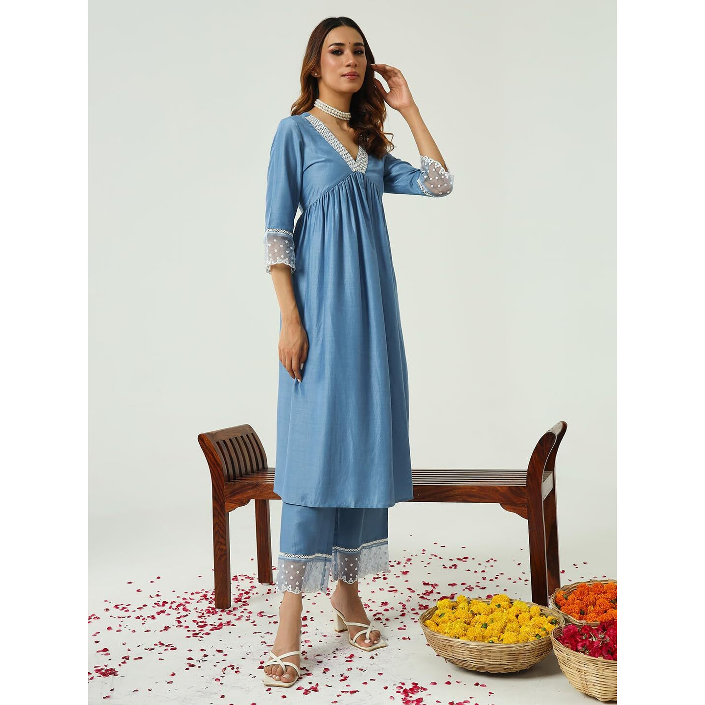 Fiorra Women's Blue Silk Blend Nayra Cut Kurta And Palazzo With Embroidered Dupatta Set0156
