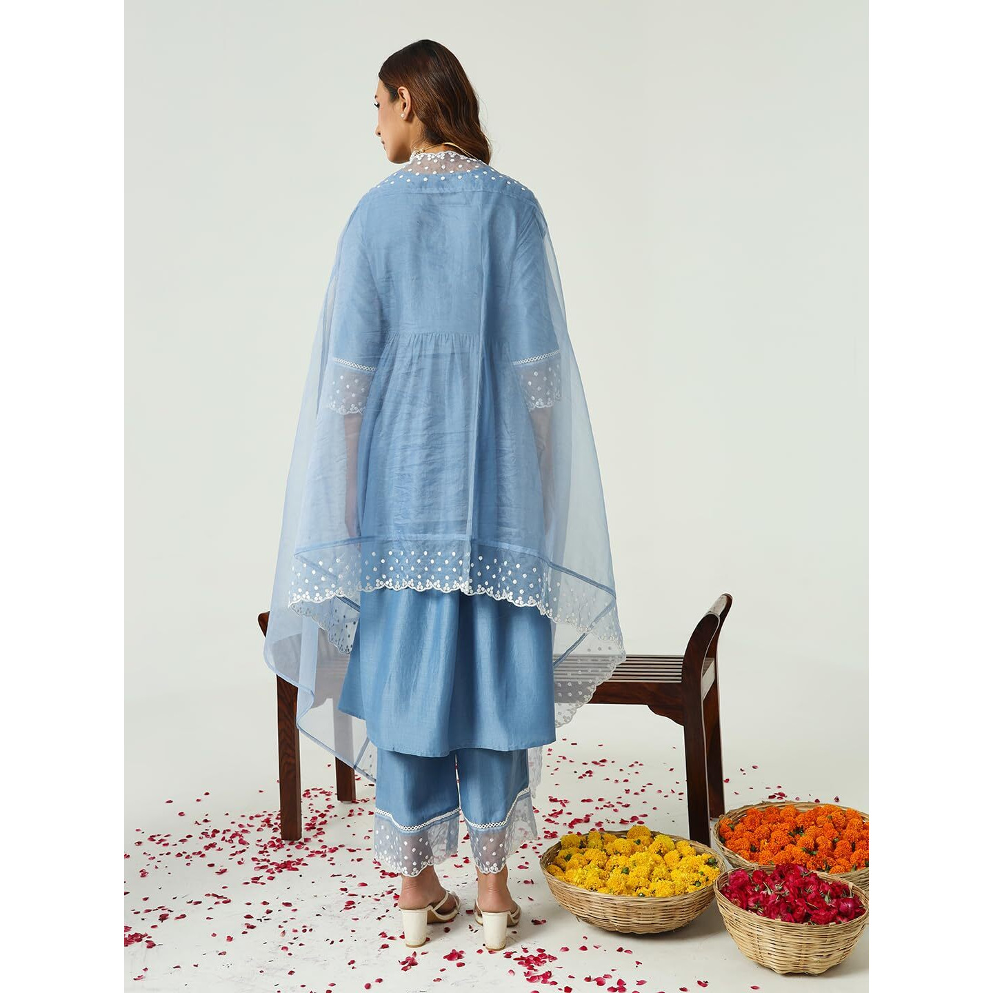 Fiorra Women's Blue Silk Blend Nayra Cut Kurta And Palazzo With Embroidered Dupatta Set0156