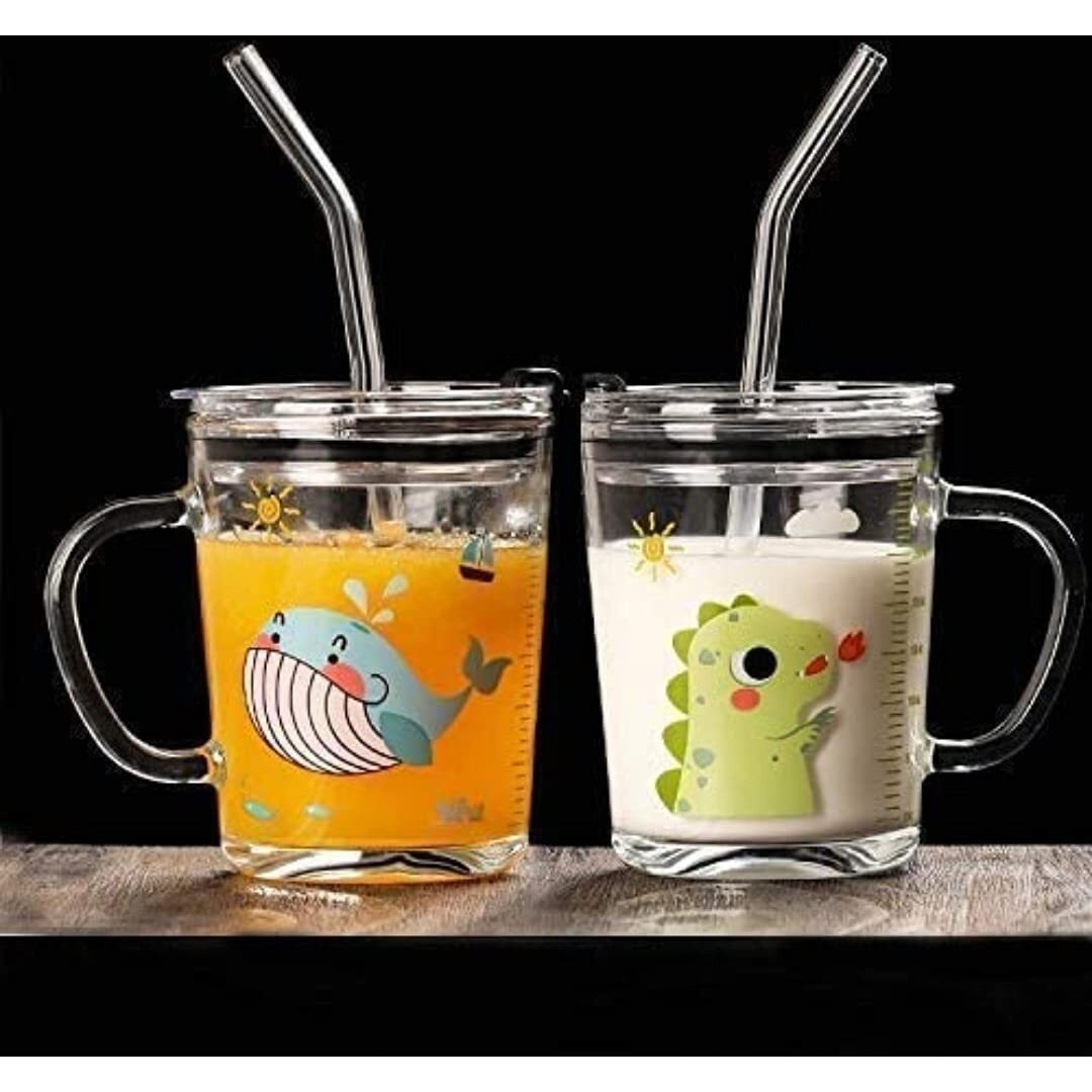 Kikiluxxa Cartoon Creative Fruit Juice Milk Straw Sipper Mug Glass Tumbler With Lid & Straw/Solid Hanlde Cup, Spill Proof Lid & Straw For Milk,Tea,Coffee Random Degien (350Ml Mug, Set Of 2)