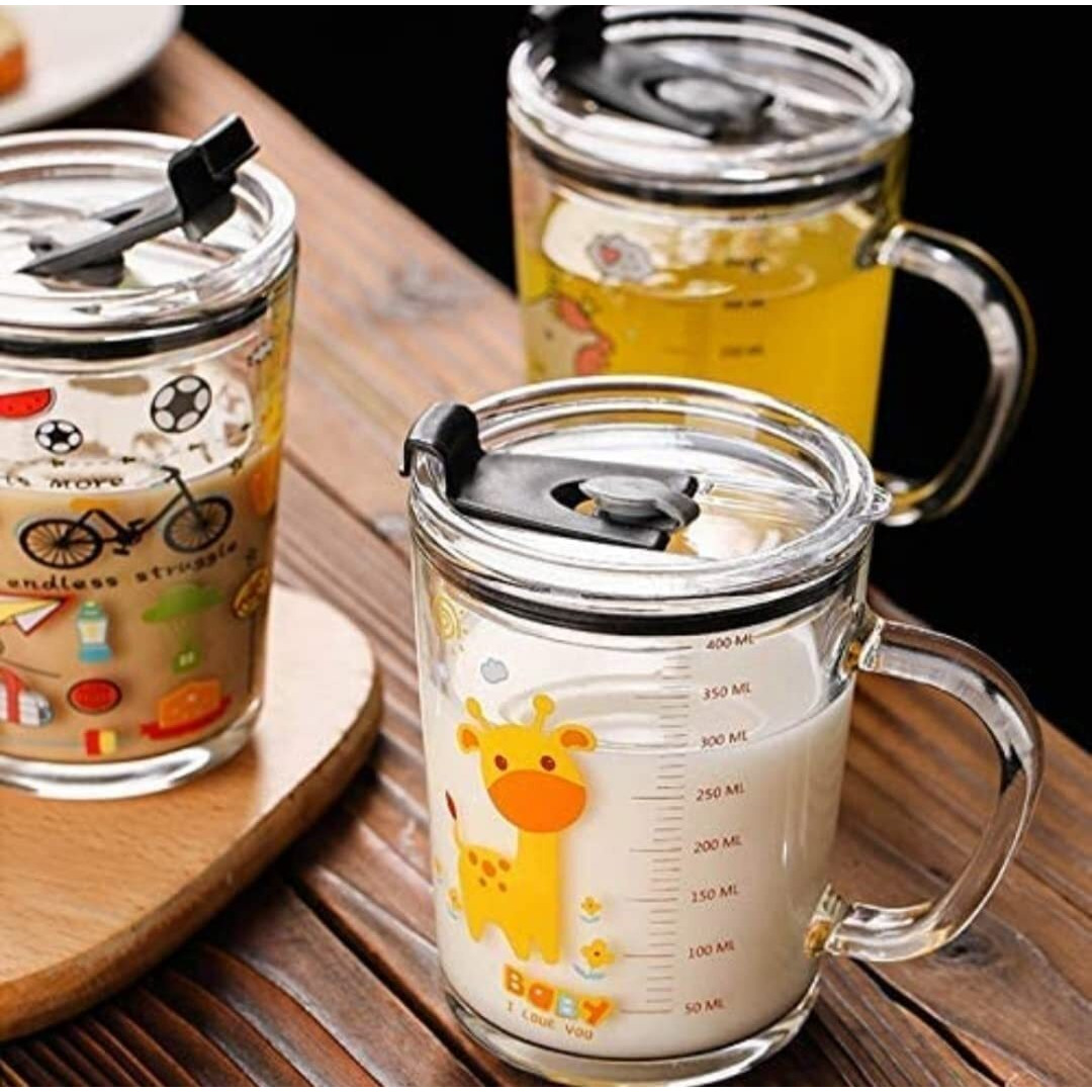 Kikiluxxa Cartoon Creative Fruit Juice Milk Straw Sipper Mug Glass Tumbler With Lid & Straw/Solid Hanlde Cup, Spill Proof Lid & Straw For Milk,Tea,Coffee Random Degien (350Ml Mug, Set Of 2)