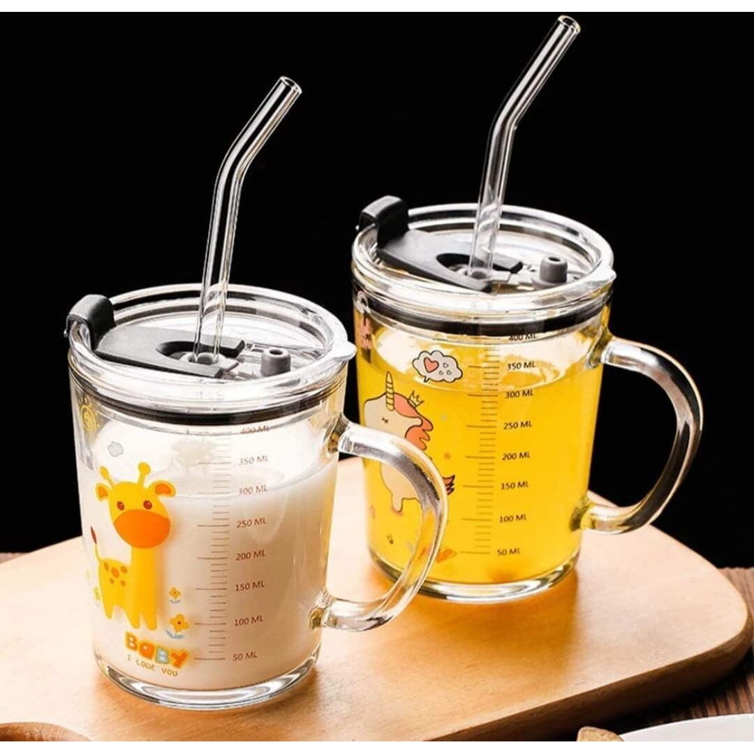 Kikiluxxa Cartoon Creative Fruit Juice Milk Straw Sipper Mug Glass Tumbler With Lid & Straw/Solid Hanlde Cup, Spill Proof Lid & Straw For Milk,Tea,Coffee Random Degien (350Ml Mug, Set Of 2)