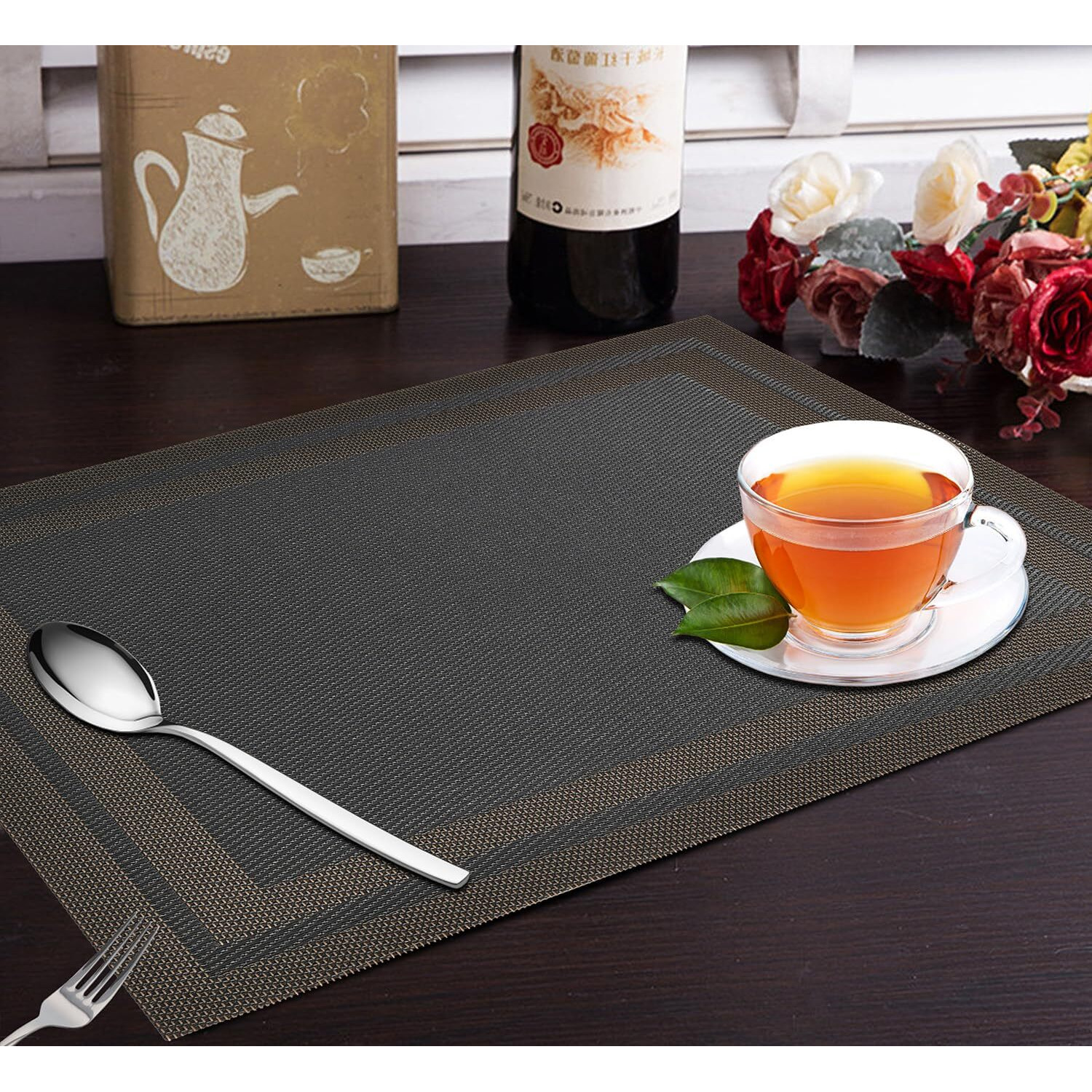 Yellow Weaves Pvc Dining Table Placemats | Heat Resistant Dining Table Place Mats For Kitchen Coffee Center Table Side Party - (Set Of 6, Copper Black)