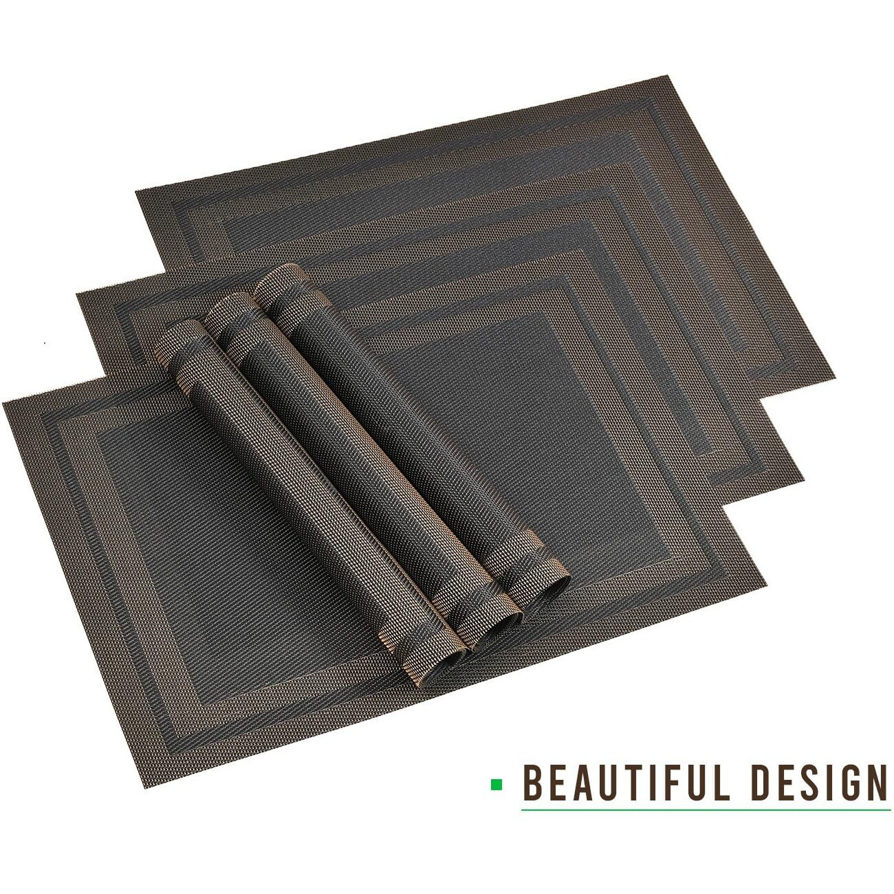 Yellow Weaves Pvc Dining Table Placemats | Heat Resistant Dining Table Place Mats For Kitchen Coffee Center Table Side Party - (Set Of 6, Copper Black)