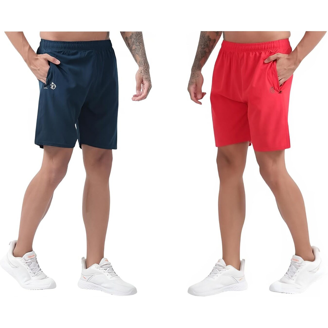 Blue Star Shark Athletic Sports Shorts For Men With Zip Pockets And Elastic Waistband Quick Dry Lightweight Activewear Combo - Pack Of 2 (Color Airforce And Red, SizeM)