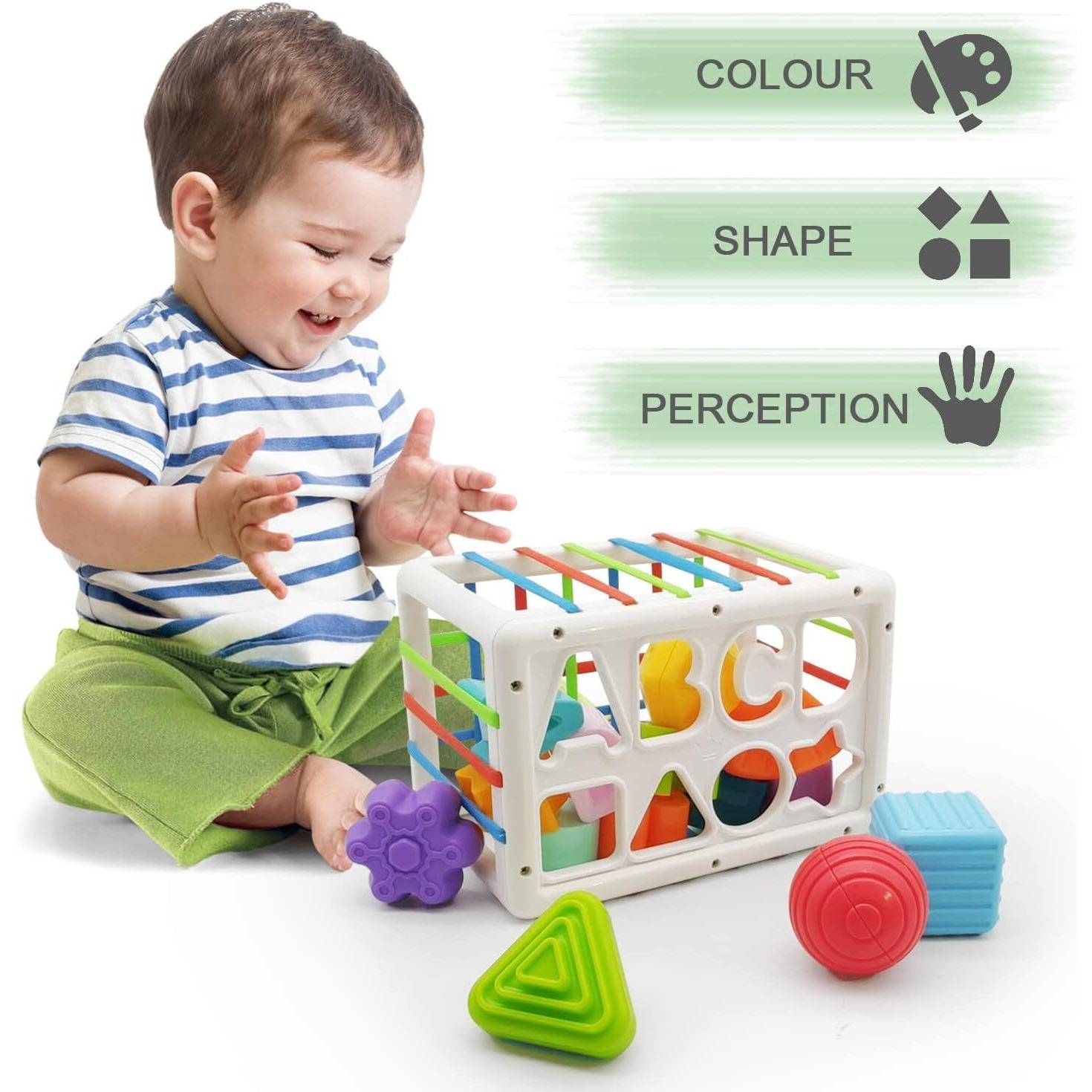 Brand Conquer Baby Shape Sorting Cube With Abcd And Shape Blocks, Sensory Colorful Elastic Rope Toddlers Kids Early Educational Developmental Toys (Kk0209 Abcd Shape Blocks Activity Cube)