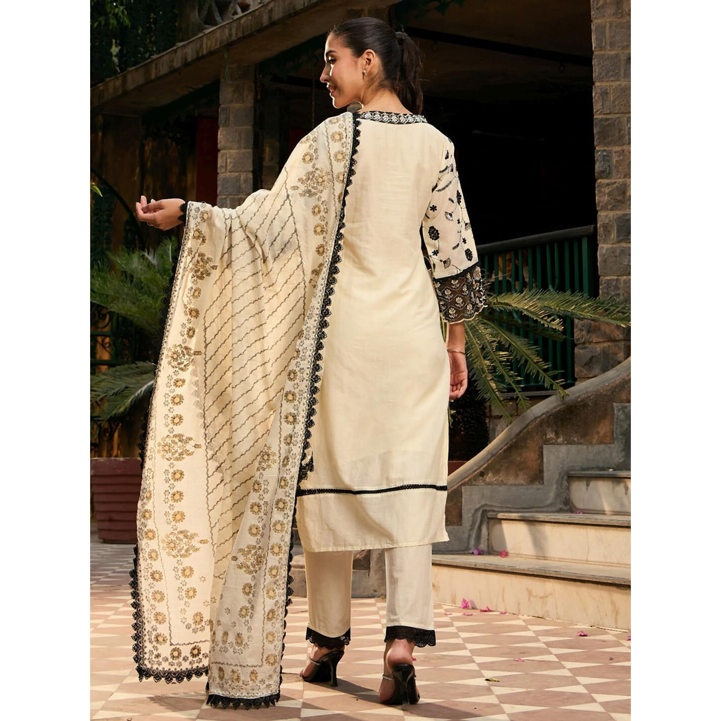 Indo Era Women's Embroidered Pure Cotton Calf Length Straight Kurta & Pant With Dupatta Set (Kh0Ow6085_Small)