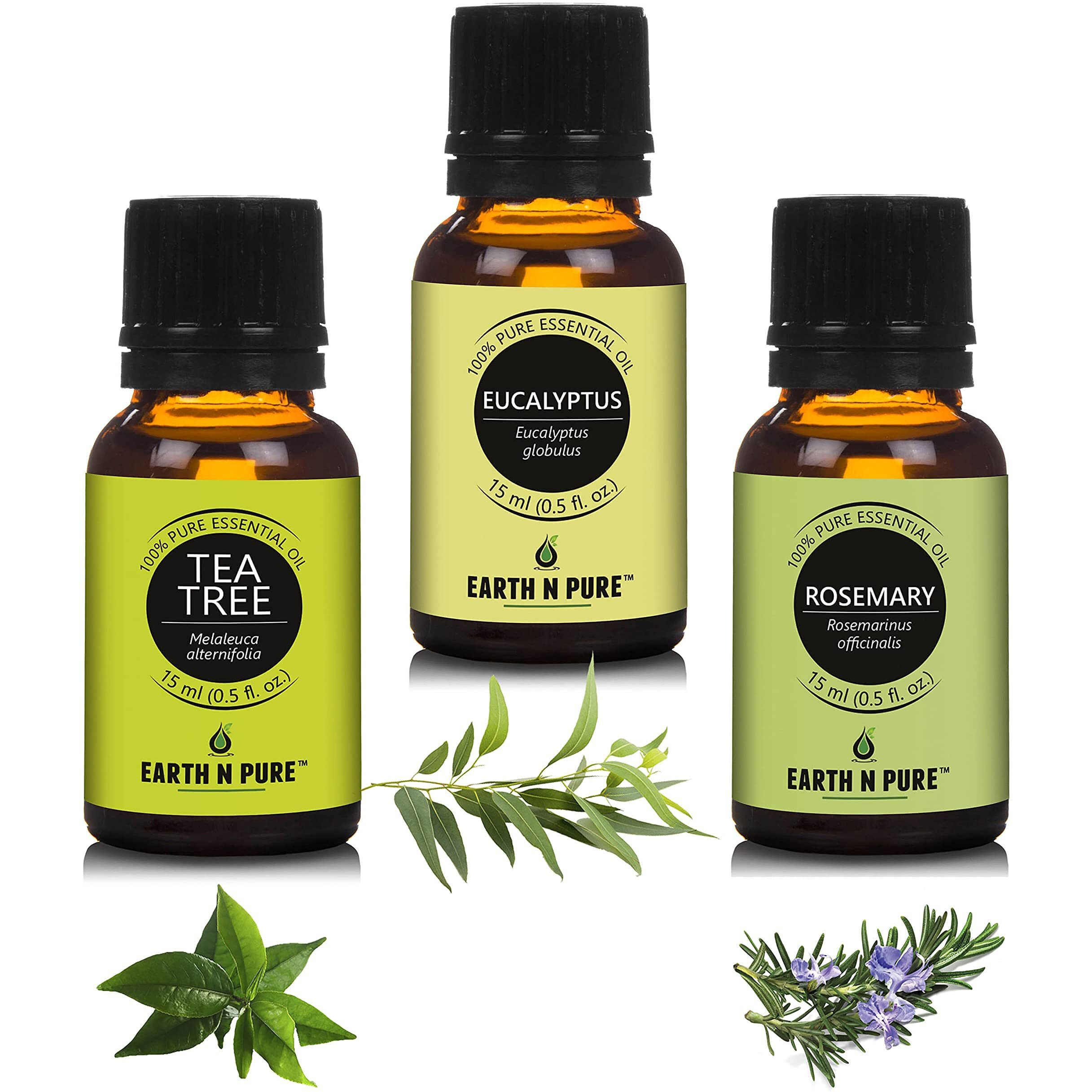 Earth N Pure Eucalyptus, Rosemary & Tea Tree Essential Oils | Pack Of 3 (15 Ml Each) | 100% Pure, Undiluted, Natural And Therapeutic Grade - Perfect For Aromatherapy, Skin Therapy & More