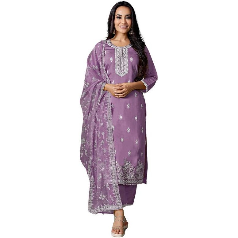Royal Export Women's Chanderi Ethnic Motifs Embroidered Straight Kurta Pant With Dupatta (Rx153-Surbhipurpl-Skd_Purple_S)