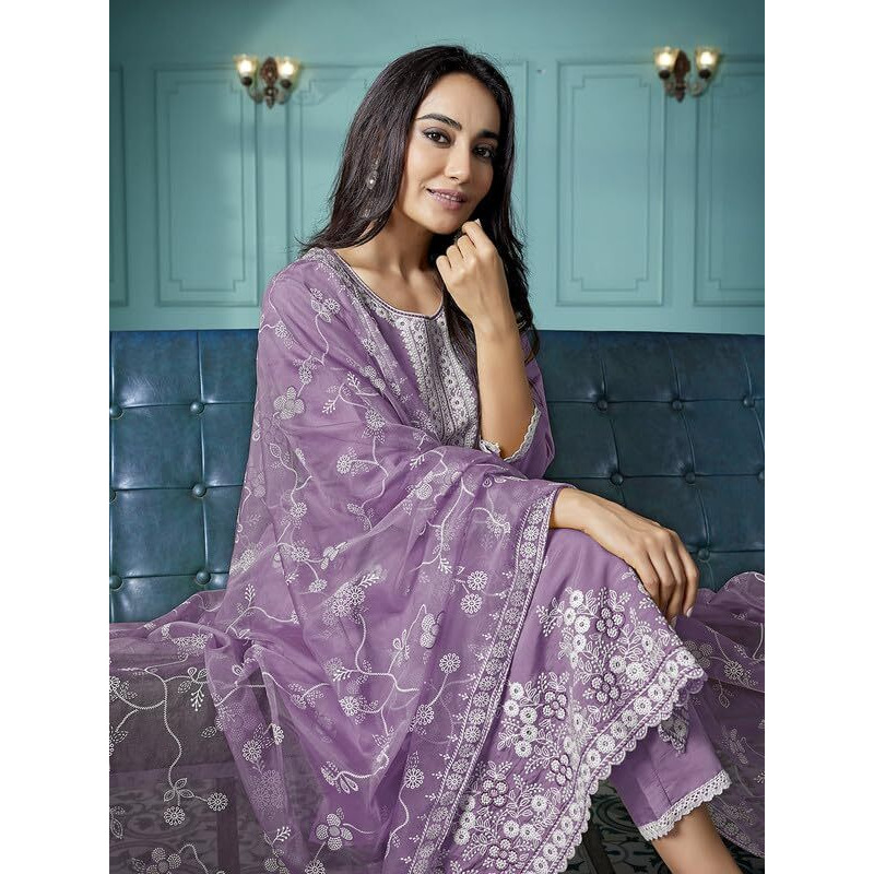 Royal Export Women's Chanderi Ethnic Motifs Embroidered Straight Kurta Pant With Dupatta (Rx153-Surbhipurpl-Skd_Purple_S)