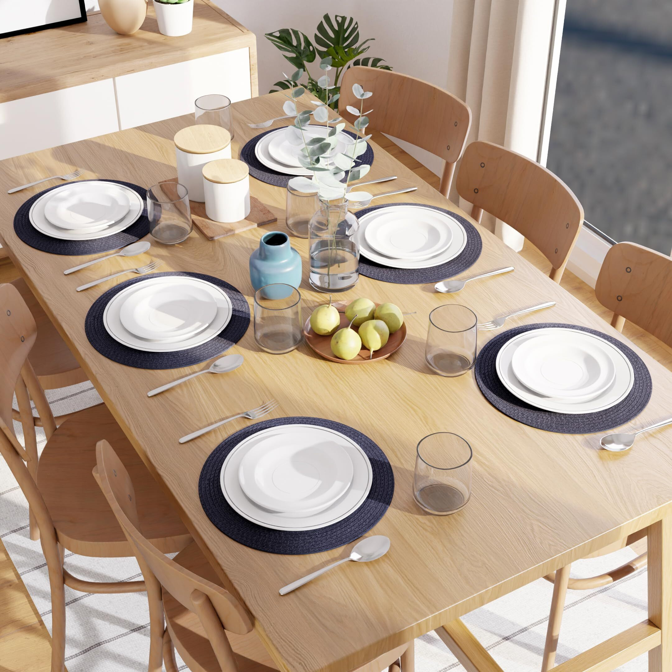 Encasa Xo Dining Table Mats Set Of 6 | Cotton Round Placemat - 33 Cm Diameter | Dark Blue | Handmade Rib Style