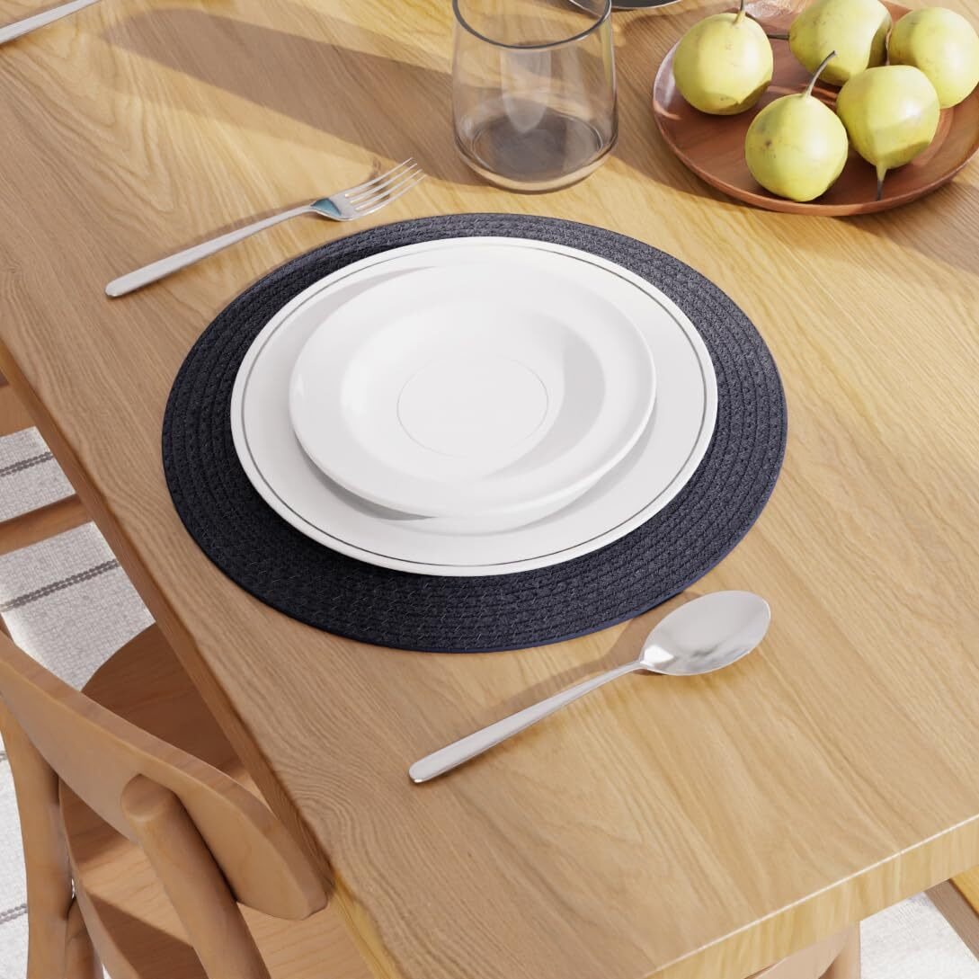 Encasa Xo Dining Table Mats Set Of 6 | Cotton Round Placemat - 33 Cm Diameter | Dark Blue | Handmade Rib Style