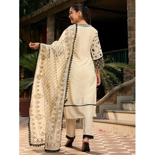 Indo Era Women's Embroidered Pure Cotton Calf Length Straight Kurta & Pant With Dupatta Set (Kh0Ow6085_X-Small)