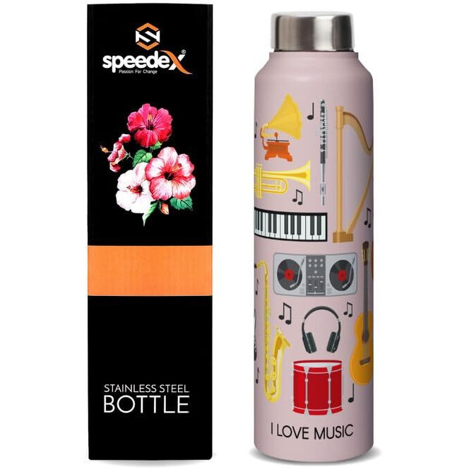 Speedex Stainless Steel Water Bottle 1 Ltr, High On Music Design, Steel Screw Cap Bottles For Girls And Boys, Adults & Kids, Gym, Sports, Fridge Use, Perfect For School & Office - 1000Ml (Set Of 1)