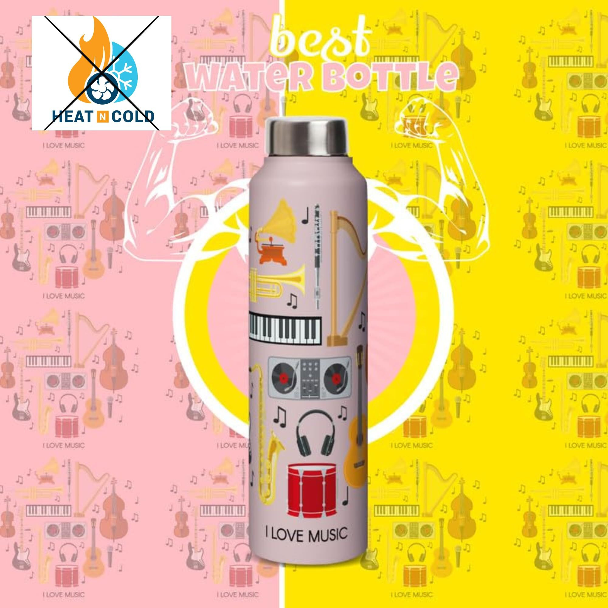 Speedex Stainless Steel Water Bottle 1 Ltr, High On Music Design, Steel Screw Cap Bottles For Girls And Boys, Adults & Kids, Gym, Sports, Fridge Use, Perfect For School & Office - 1000Ml (Set Of 1)