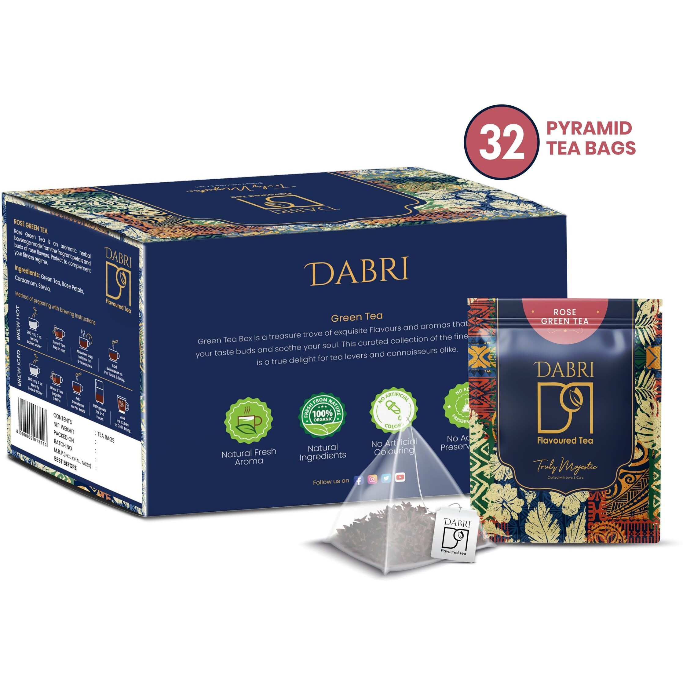 Dabri Rose Green Tea 32 Pyramid Tea Bags |Improve Metabolism, Prevent Acne,Keep Skin Hydrated |100% Whole Leaf & Natural Rose Petals|Helps In Relieving Stress,To Maintain Healthy Hair & Weight(32Pcs)