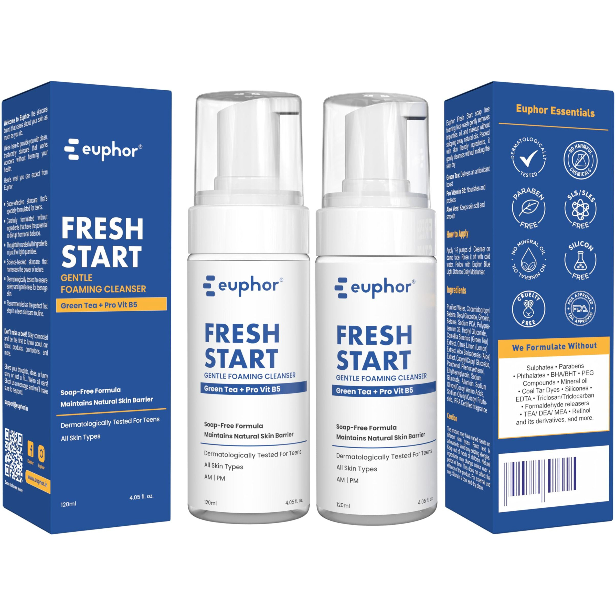 Euphor Teens | Gentle Foaming Face Wash- Fresh Start | Cleanses, Refreshes, Maintains Skin Barrier | Green Tea, Aloe Vera, Niacinamide | All Skin Types | Soap-Free, No Parabens And Sulphates | 120Ml (2Pc) | For Women And Men