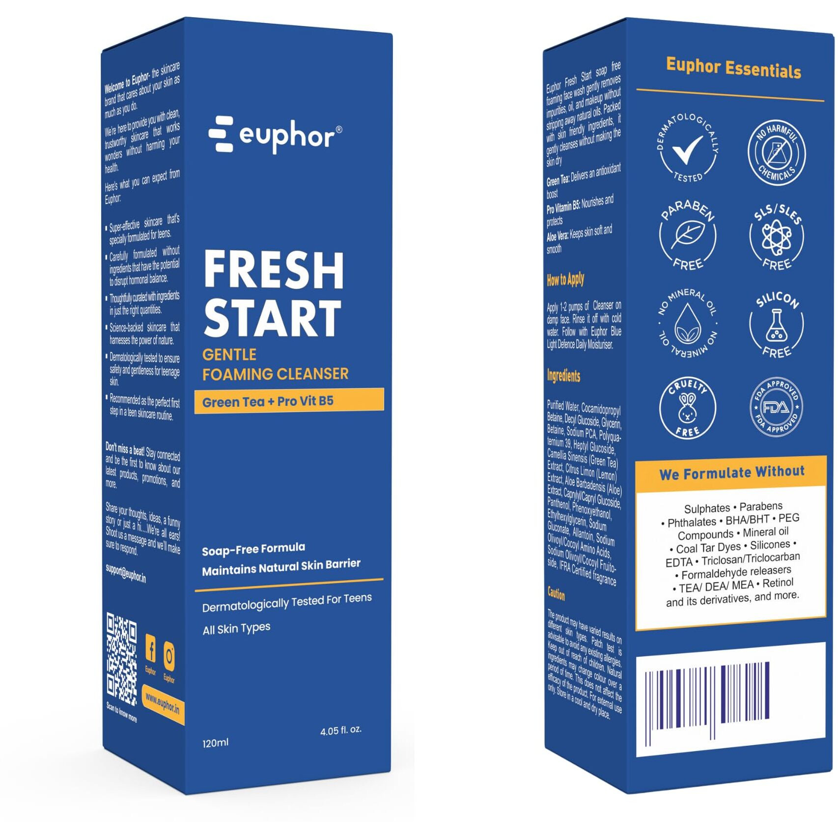 Euphor Teens | Gentle Foaming Face Wash- Fresh Start | Cleanses, Refreshes, Maintains Skin Barrier | Green Tea, Aloe Vera, Niacinamide | All Skin Types | Soap-Free, No Parabens And Sulphates | 120Ml (2Pc) | For Women And Men